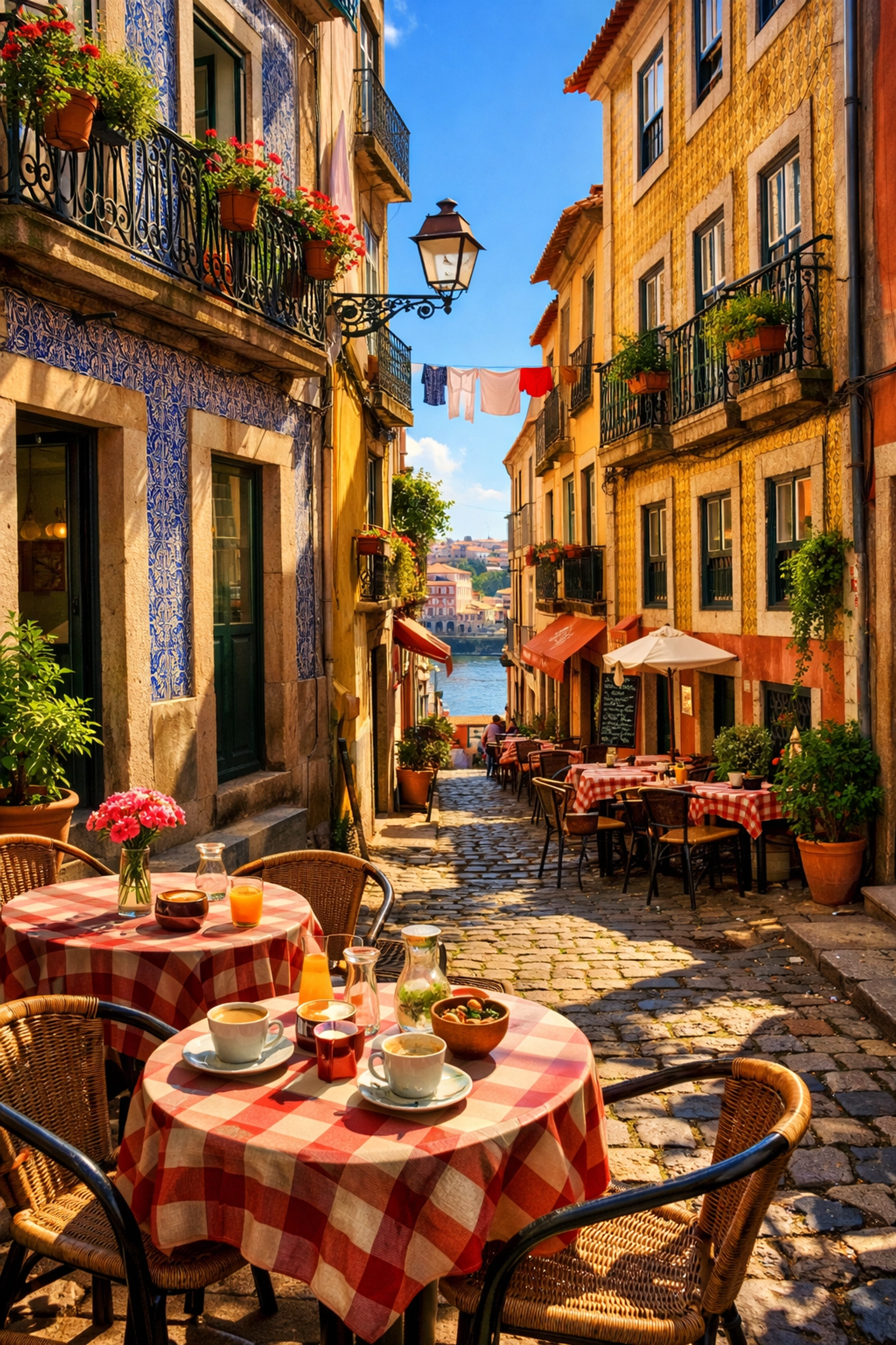 Charming cobblestone street in European city with colorful buildings and outdoor cafes