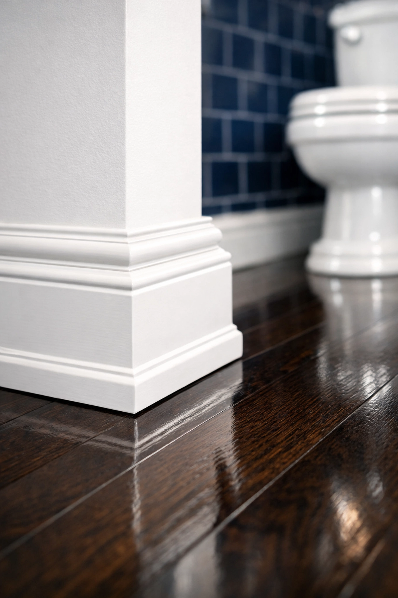 Detailed deep cleaning of a luxury Natick bathroom focusing on spotless white baseboards and polished wood floors.
