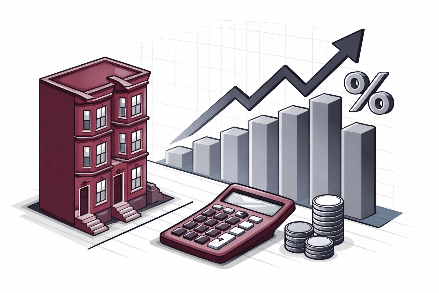 Philadelphia rowhouse with upward graph symbolizing high interest rates affecting house flipping contractors