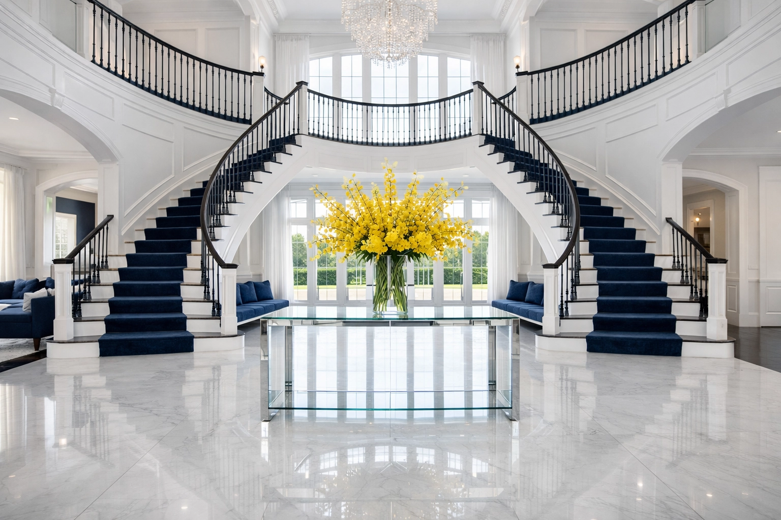 Luxury Dover foyer with polished marble floors and stairs maintained by residential cleaning Massachusetts professionals.