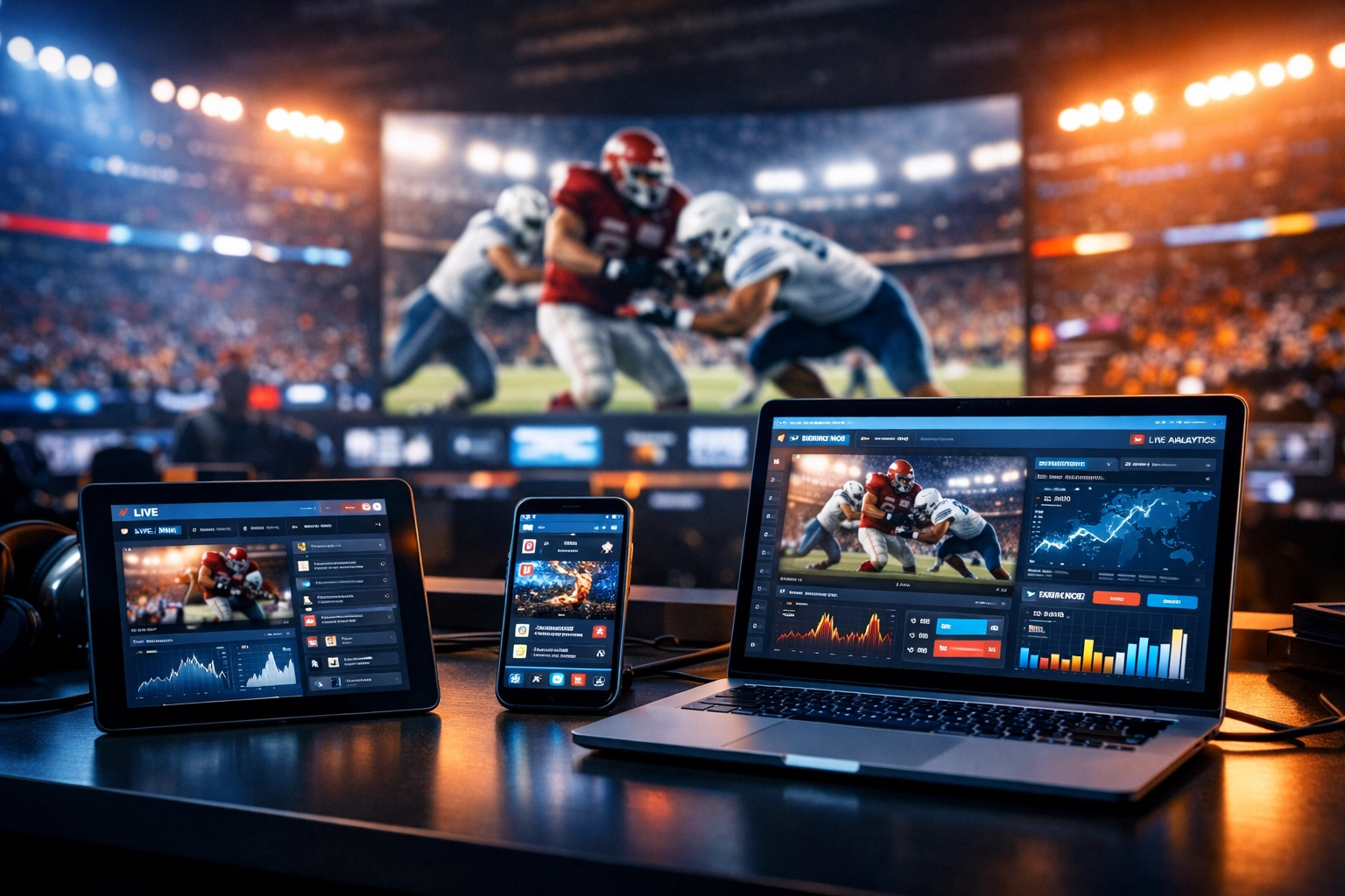 Digital marketing command center monitoring NIL athlete engagement and social media metrics during a sports event.