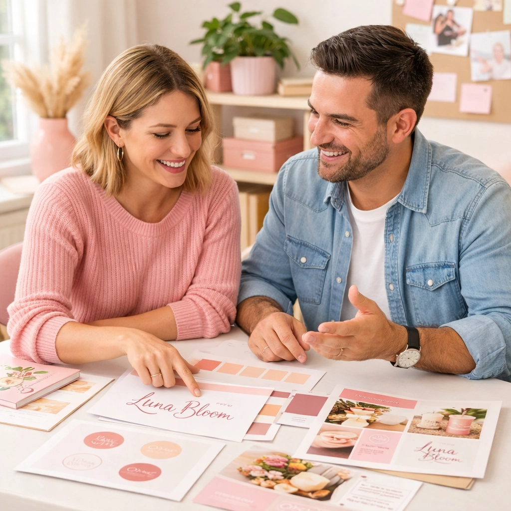 Designer and small business owner collaborating on branding materials in modern studio