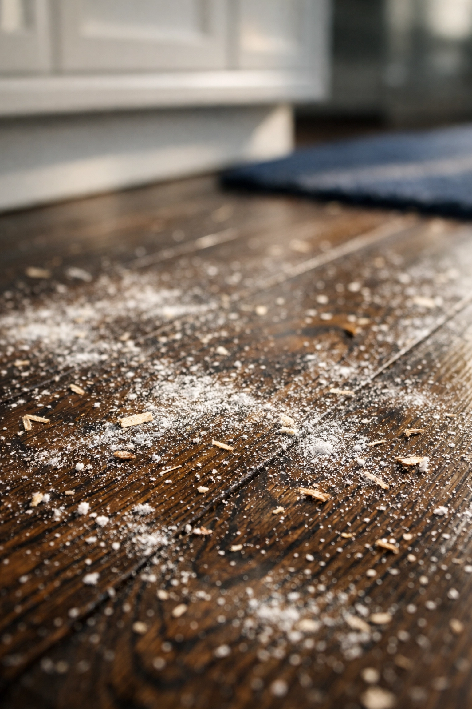 Close-up of white construction dust on luxury hardwood floors requiring post construction cleaning Medway.