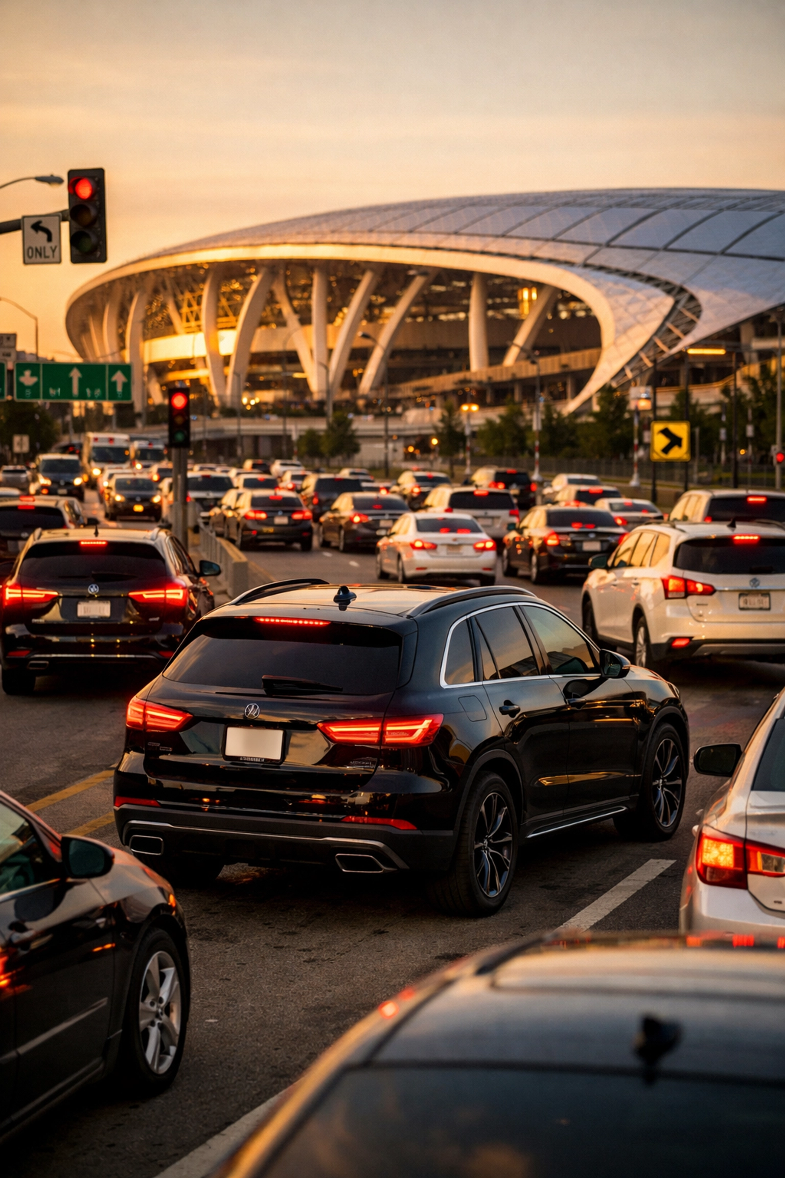 NEWSLETTER: 7 Mistakes You're Making with Super Bowl Executive Networking (And How to Fix Them Before Game Day) Heavy traffic approaching stadium during Super Bowl weekend showing logistics challenges