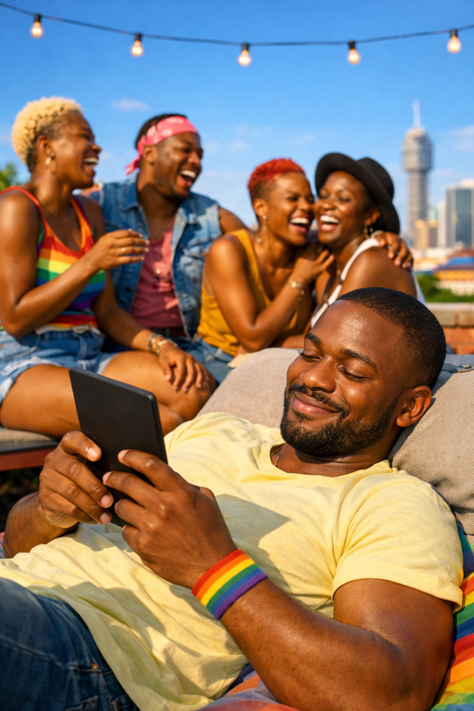 African LGBTQ+ friends enjoying a rooftop gathering while reading a gay romance novel on an e-reader.