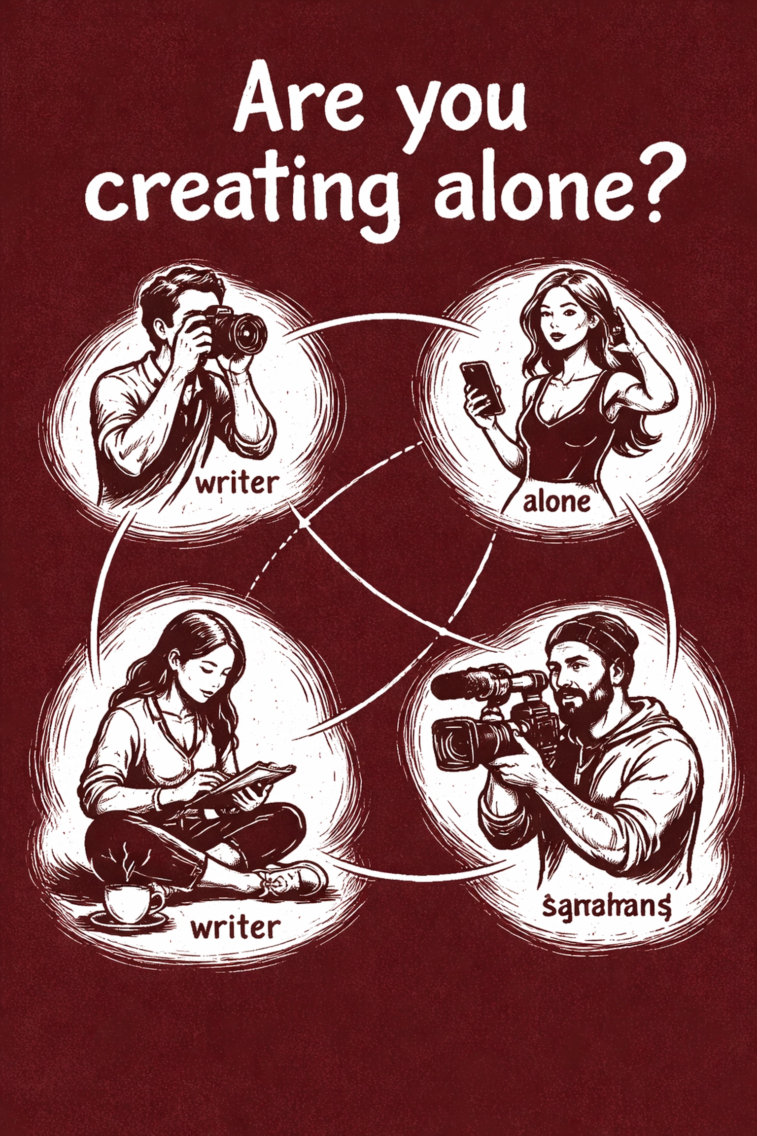 Inclusive group of creator figures connected in collaboration, visualizing community over competition at IncluHub