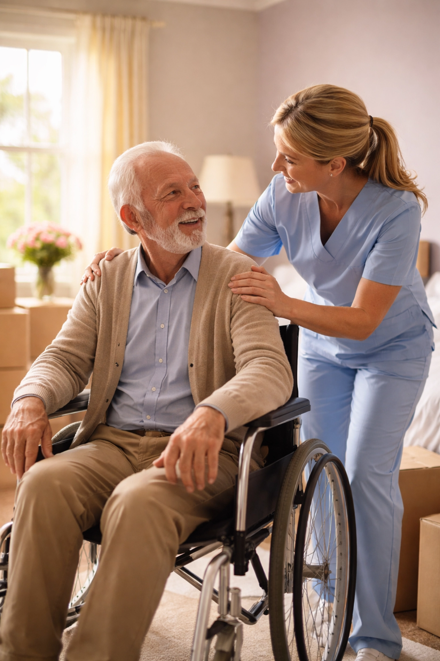 Senior man with nurse settling into a comfortable assisted living room in Sarasota, symbolizing a successful transition