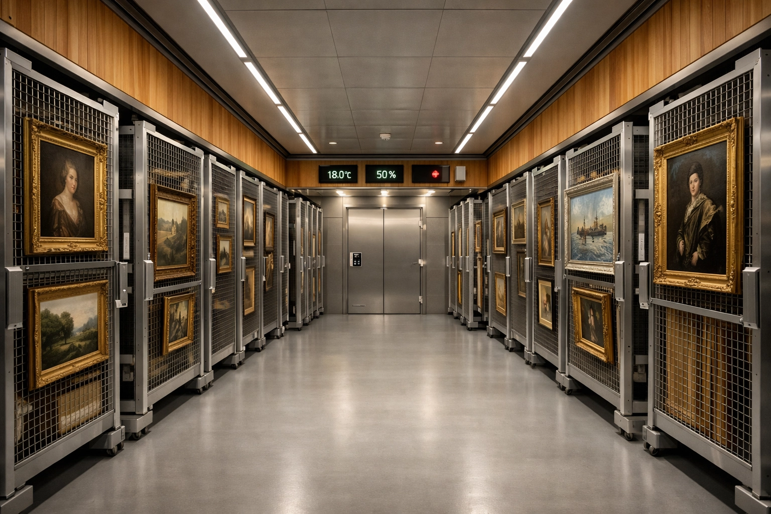 Secure climate-controlled art vault featuring steel sliding racks for high-end collection storage.