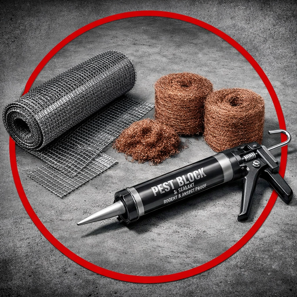 High-grade pest exclusion materials including steel mesh and copper wool for professional sealing.