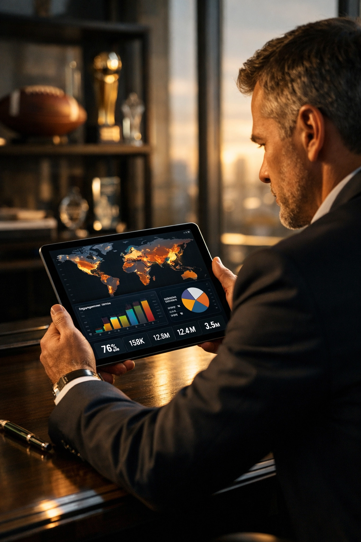 Sports media strategist analyzing Super Bowl 2026 campaign data and ROI charts on a digital tablet.