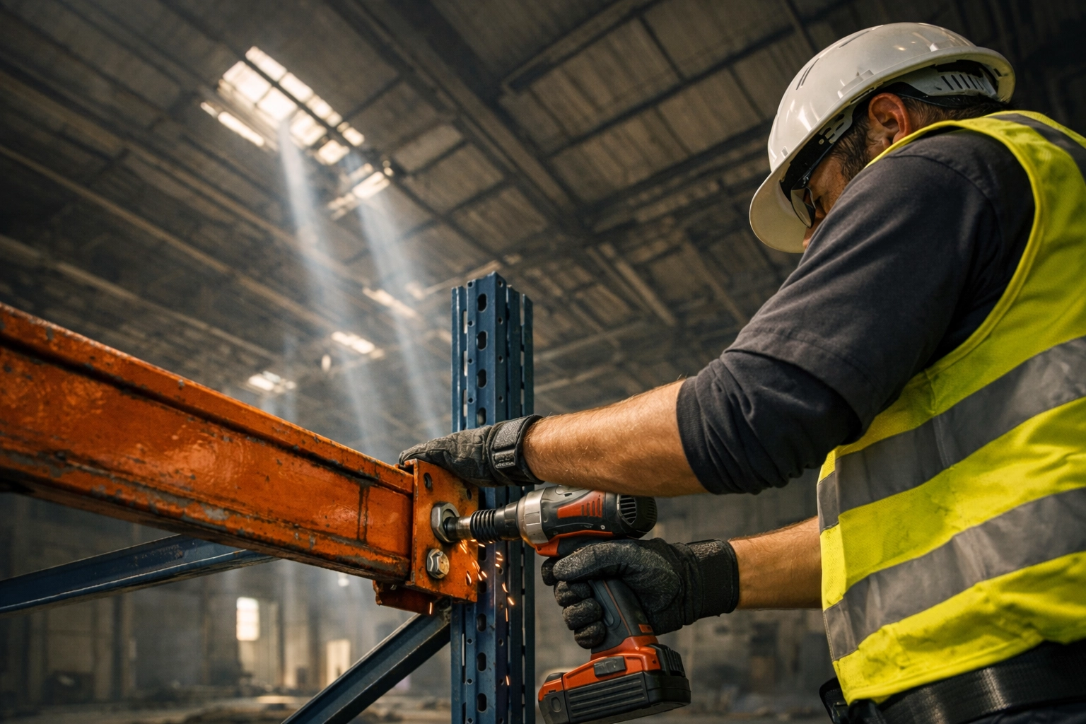 Specialist contractor performing a warehouse strip-out by dismantling industrial steel racking.