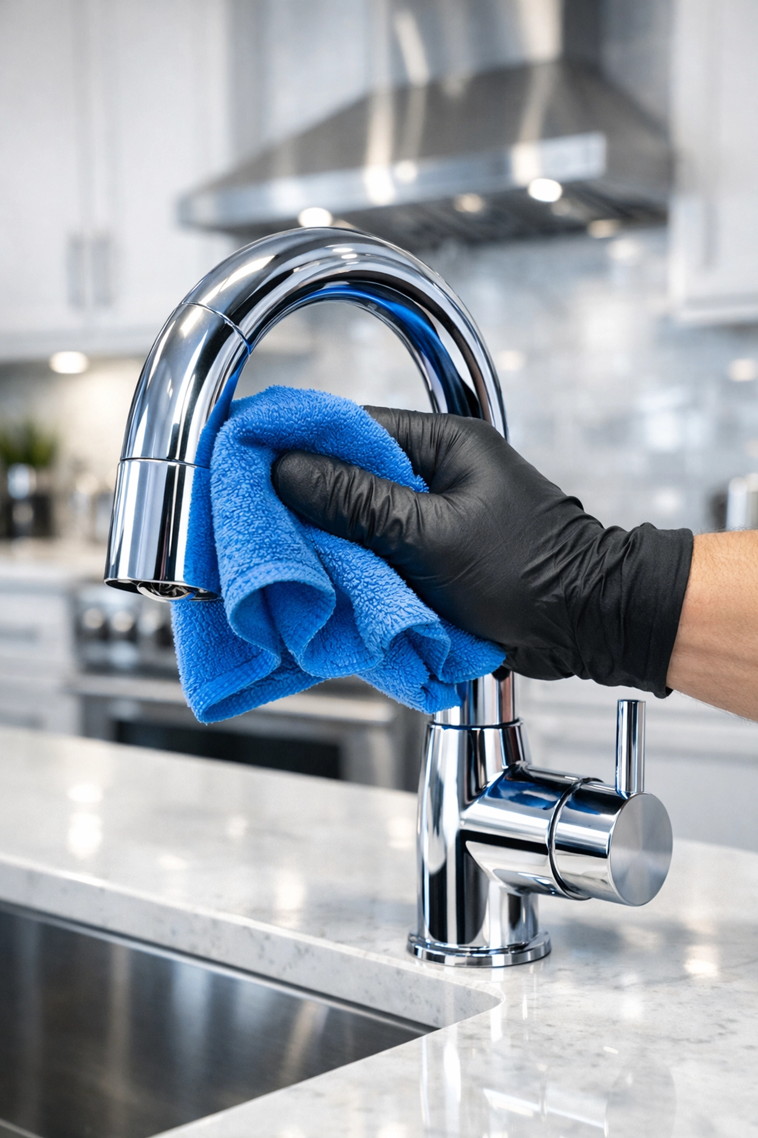 Close-up of polished kitchen fixtures reflecting high-quality residential cleaning Massachusetts standards.