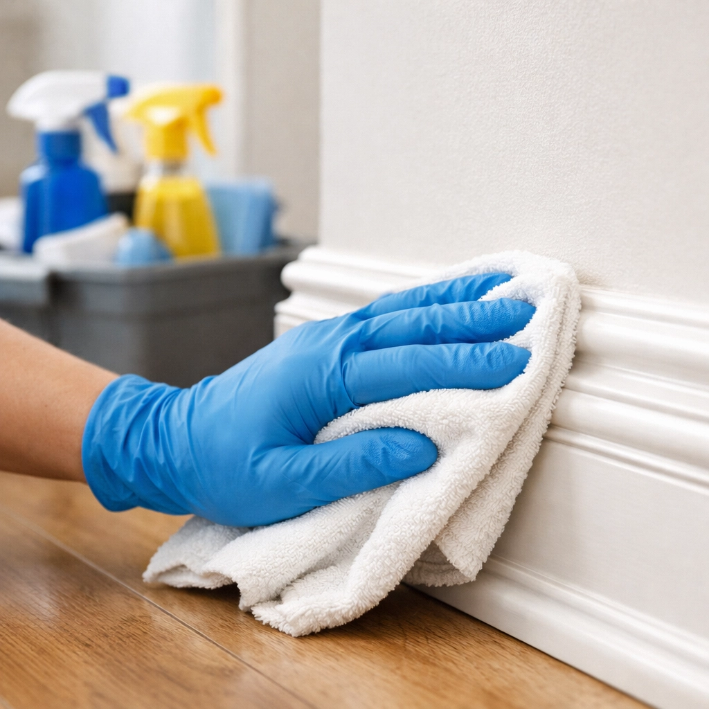 Professional cleaner detailing baseboards during a deep cleaning Westborough session for a dust-free home.