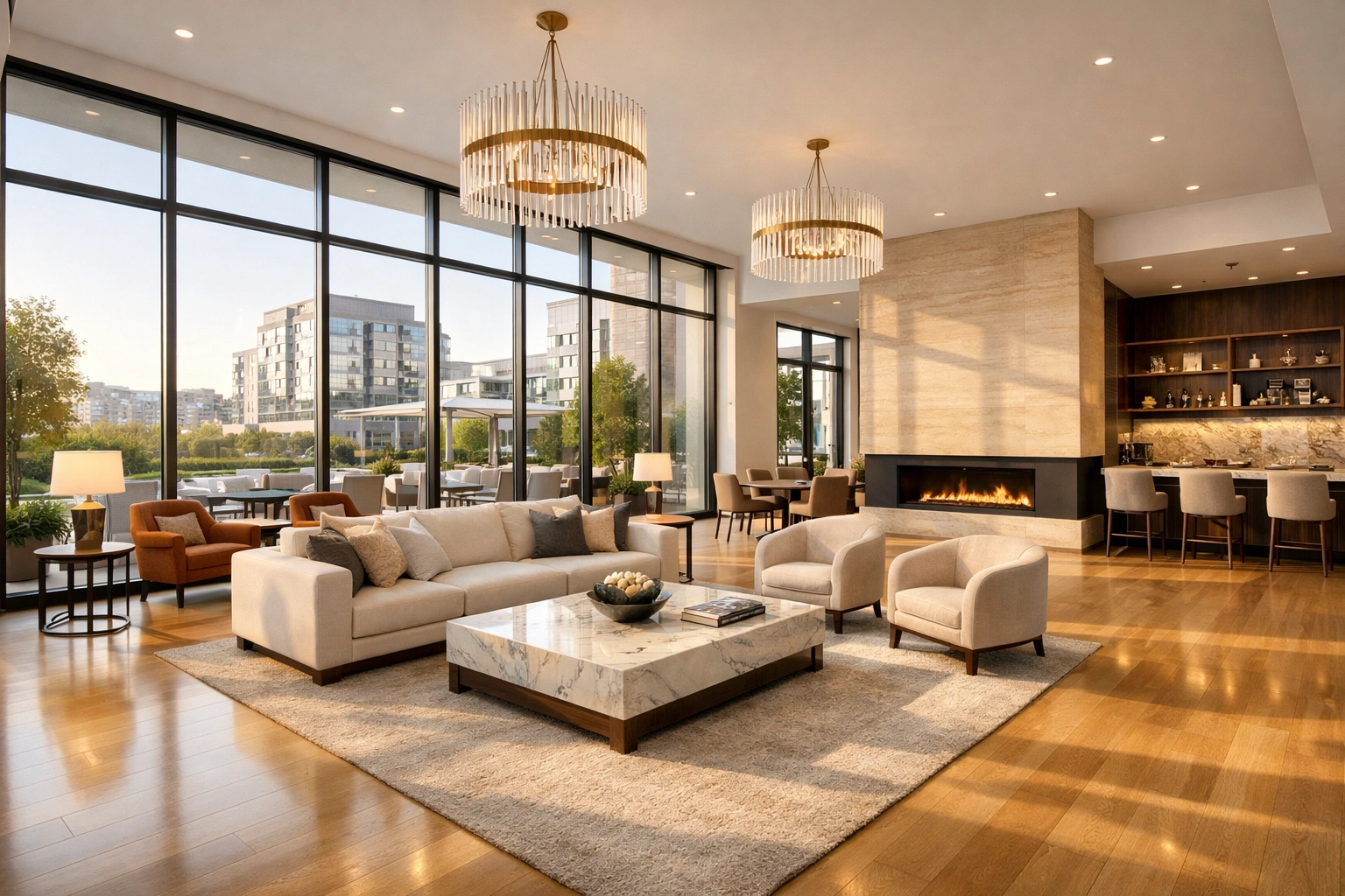 Impeccably clean multifamily residential lounge with polished floors in a Midwest property complex.