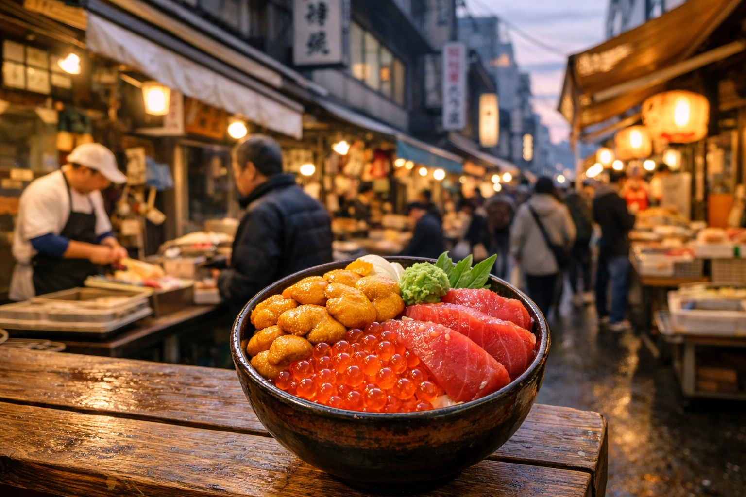 Fresh kaisendon seafood bowl at Tsukiji Outer Market, a top Tokyo photography location.