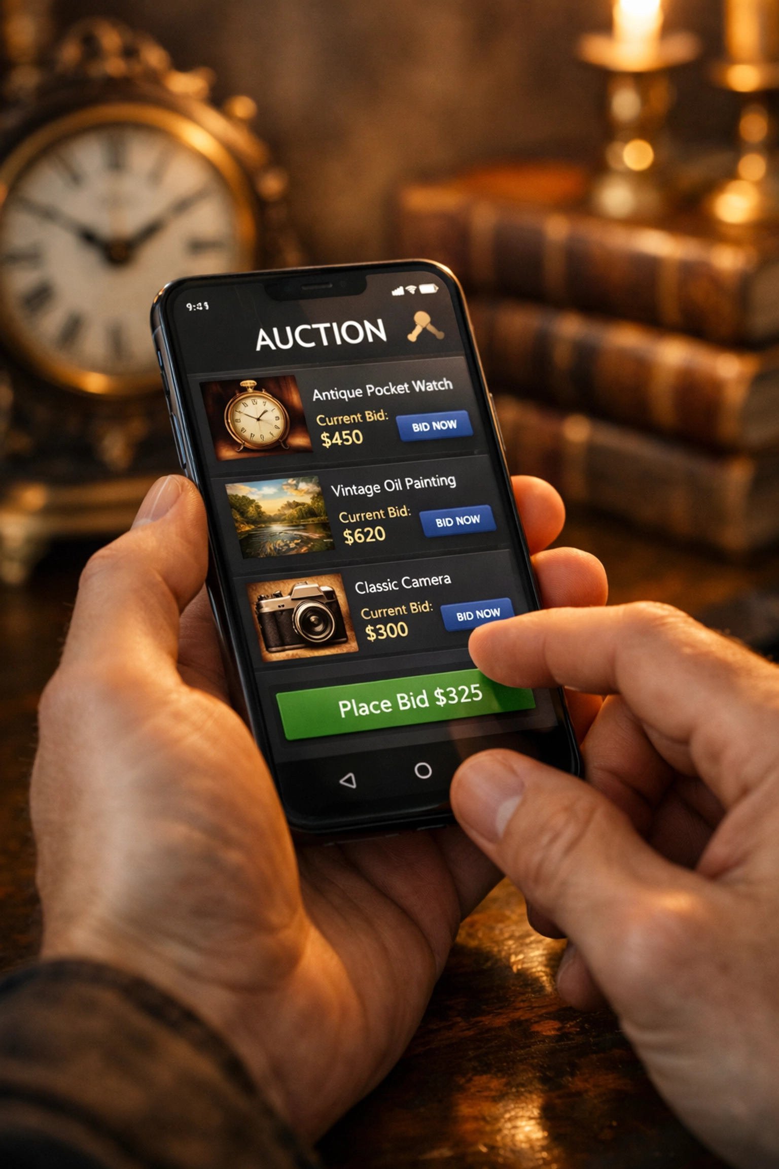 Bidding on estate items through online auction platform on smartphone