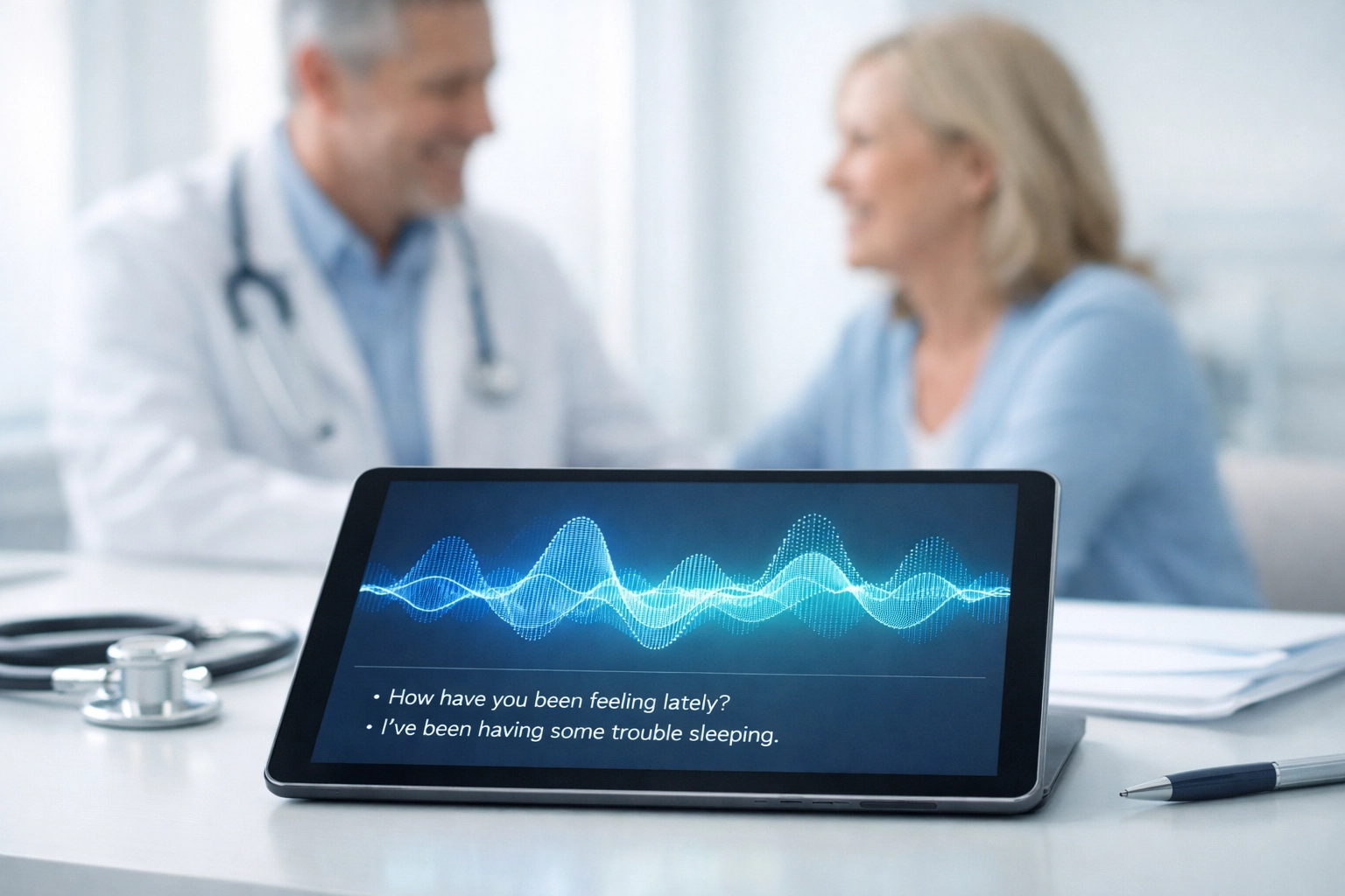 AI medical documentation software working in background while doctor engages with patient face-to-face