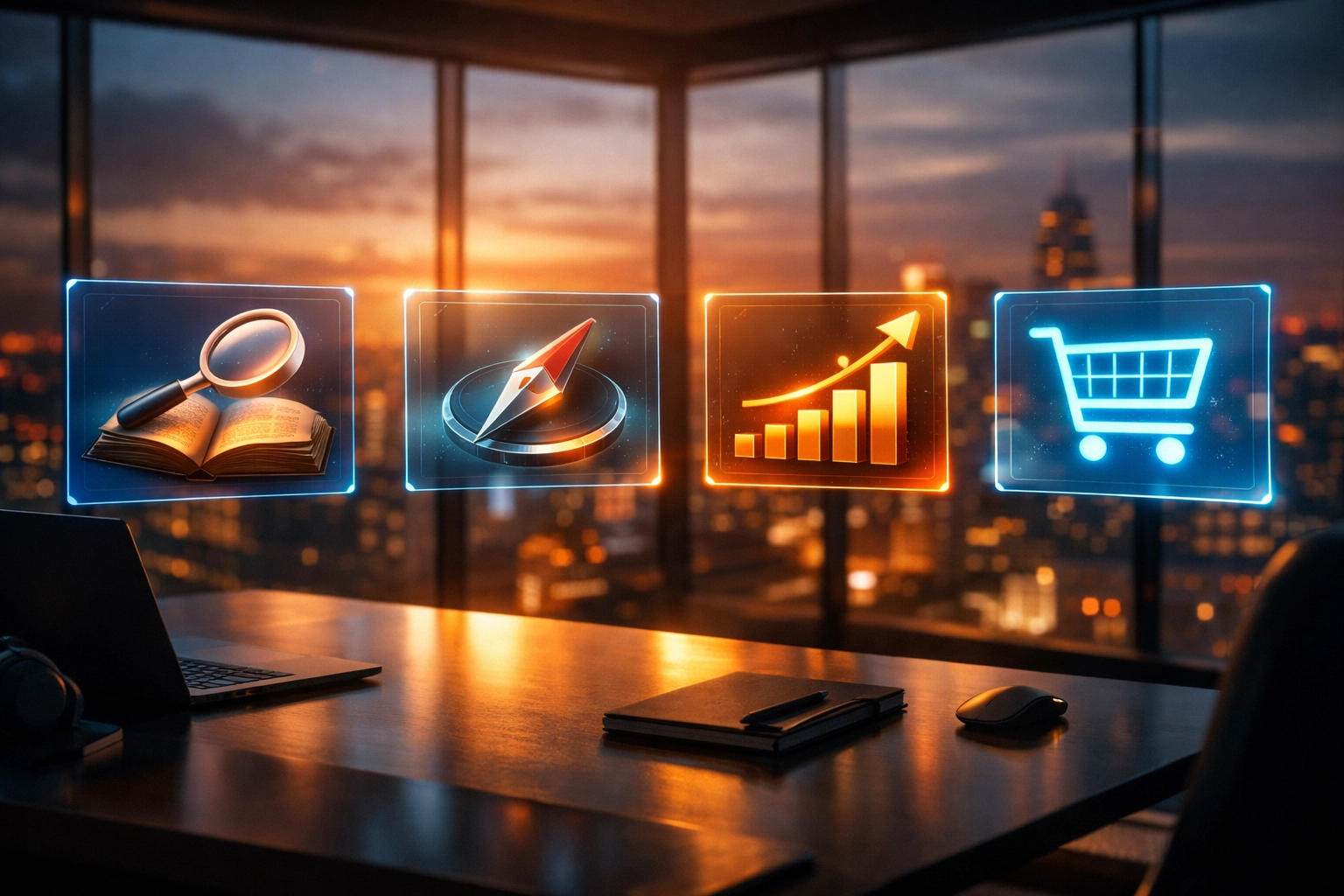 Holographic icons representing the four pillars of search intent for 2026 SEO strategies.