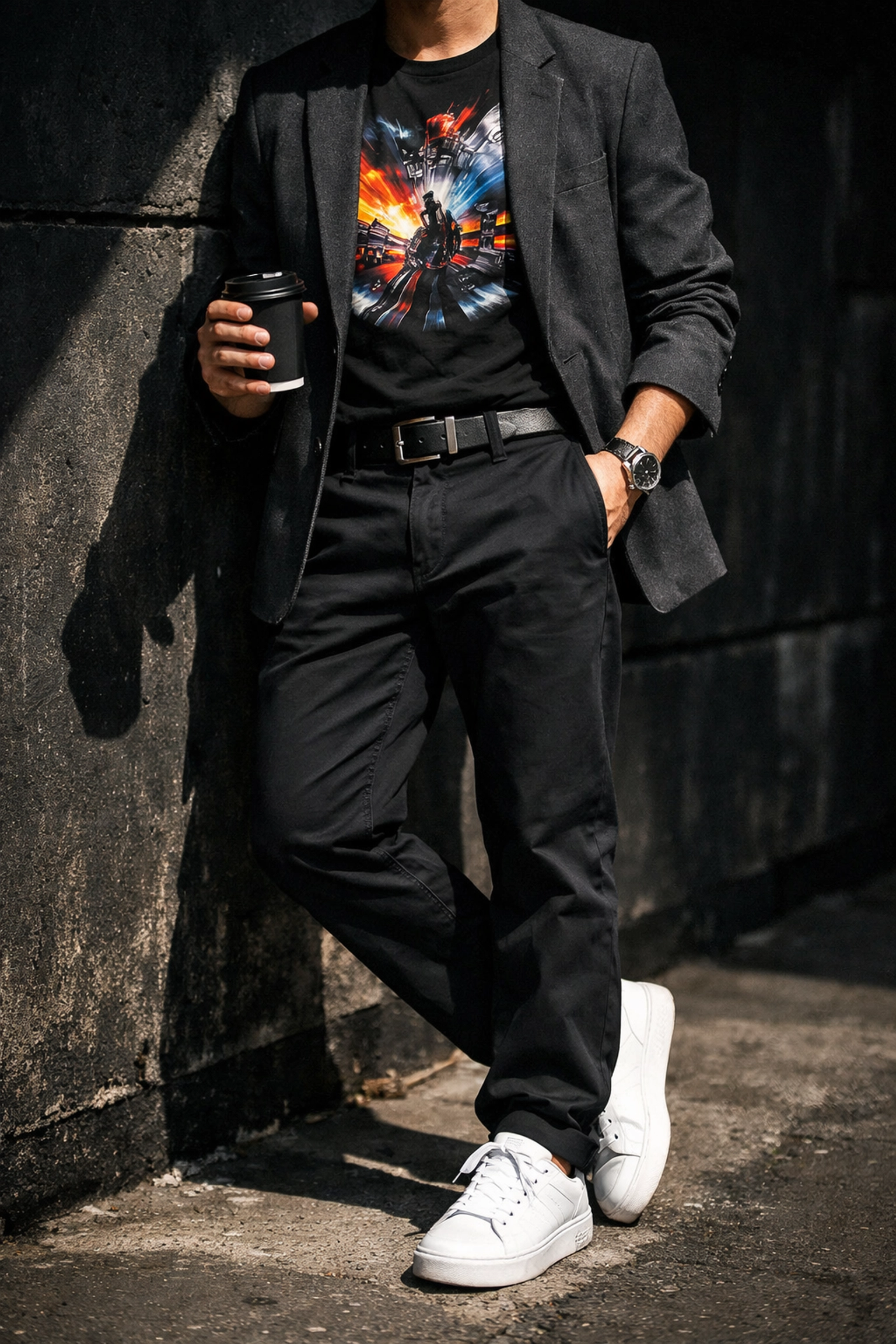 Man wearing graphic tee tucked into chinos with blazer for smart casual outfit