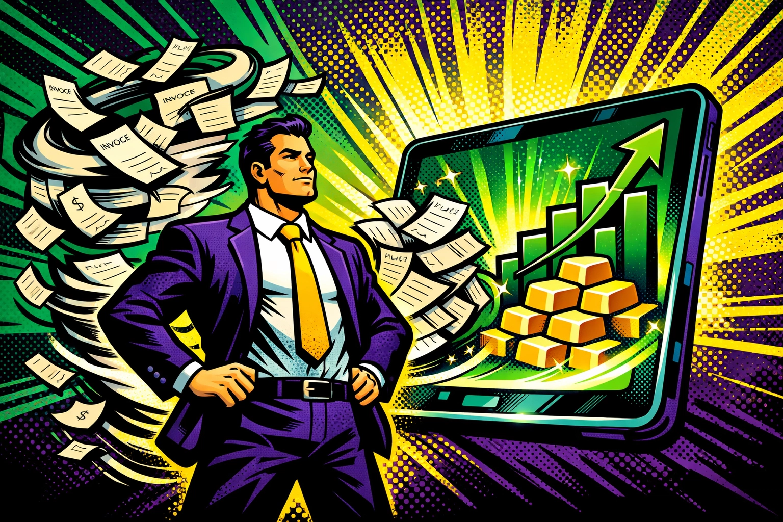 A business owner using business automation tools to turn messy receipts into digital financial growth charts.