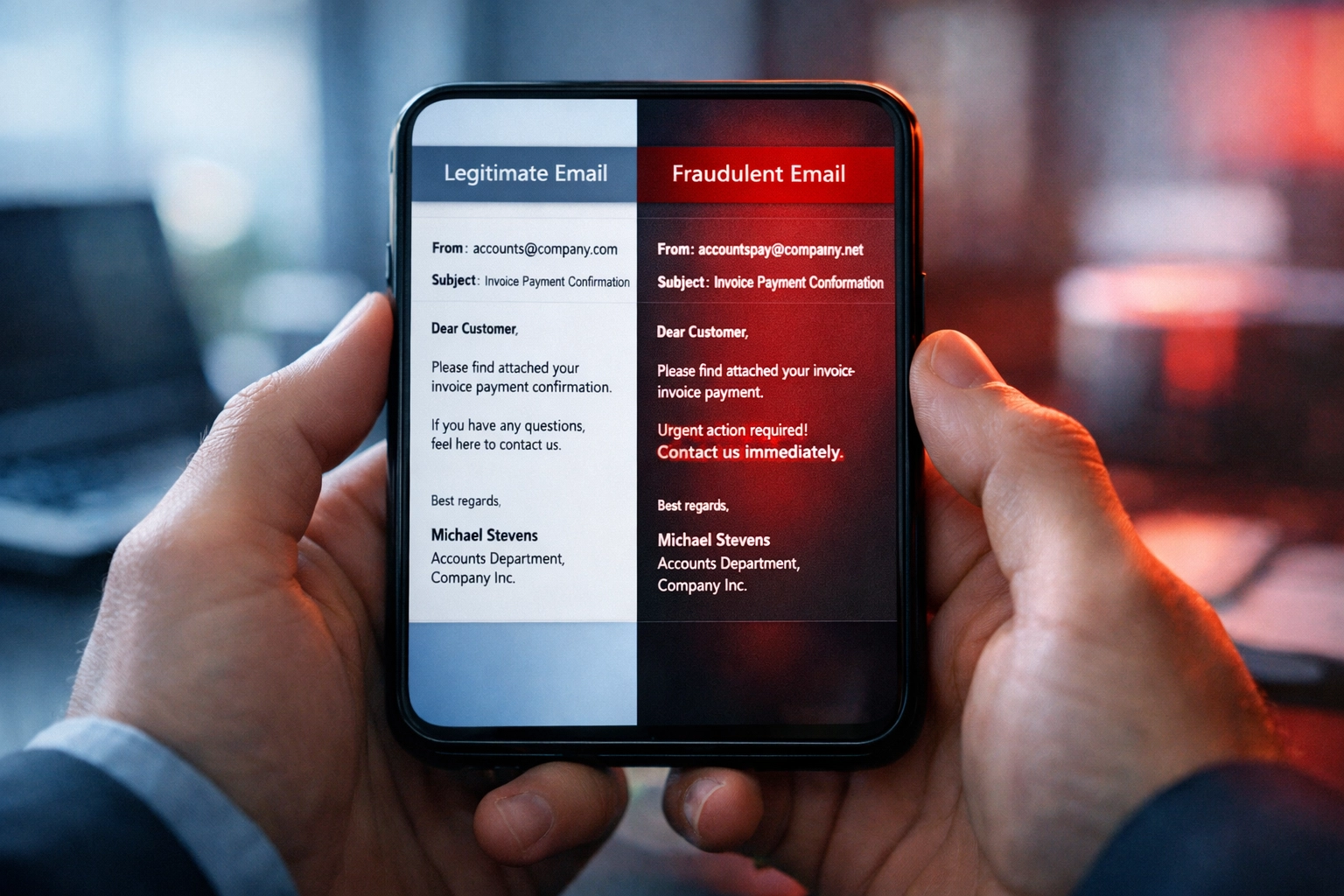 Legitimate versus fraudulent business email comparison on smartphone screen