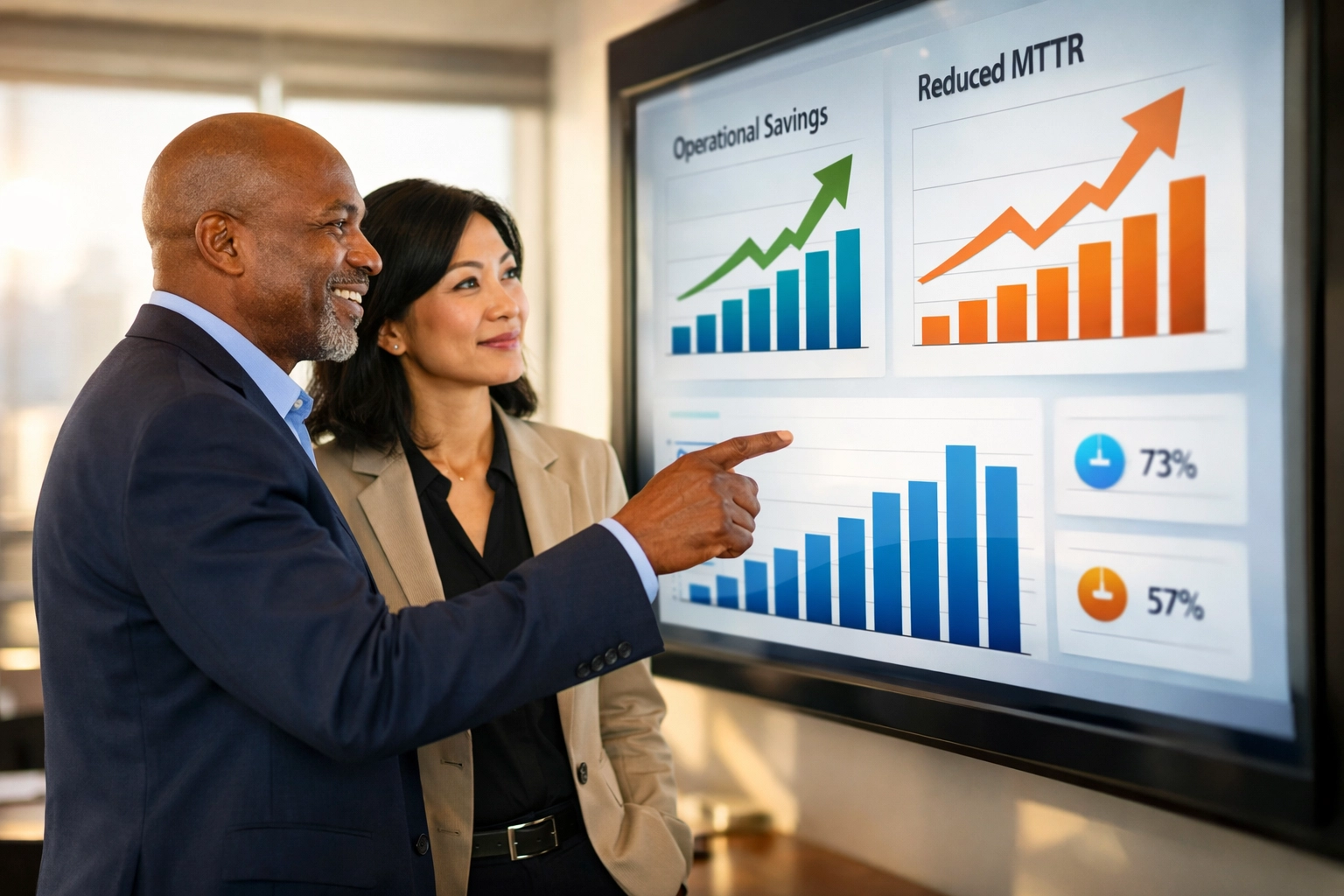 IT executives analyze ROI and MTTR metrics on a digital dashboard with ServiceNow consulting services.