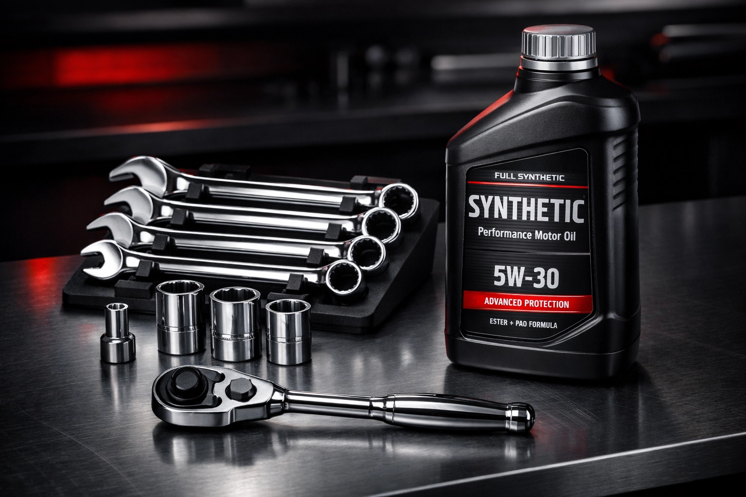 Essential BMW maintenance tools and synthetic oil for hybrid and gas engine servicing.