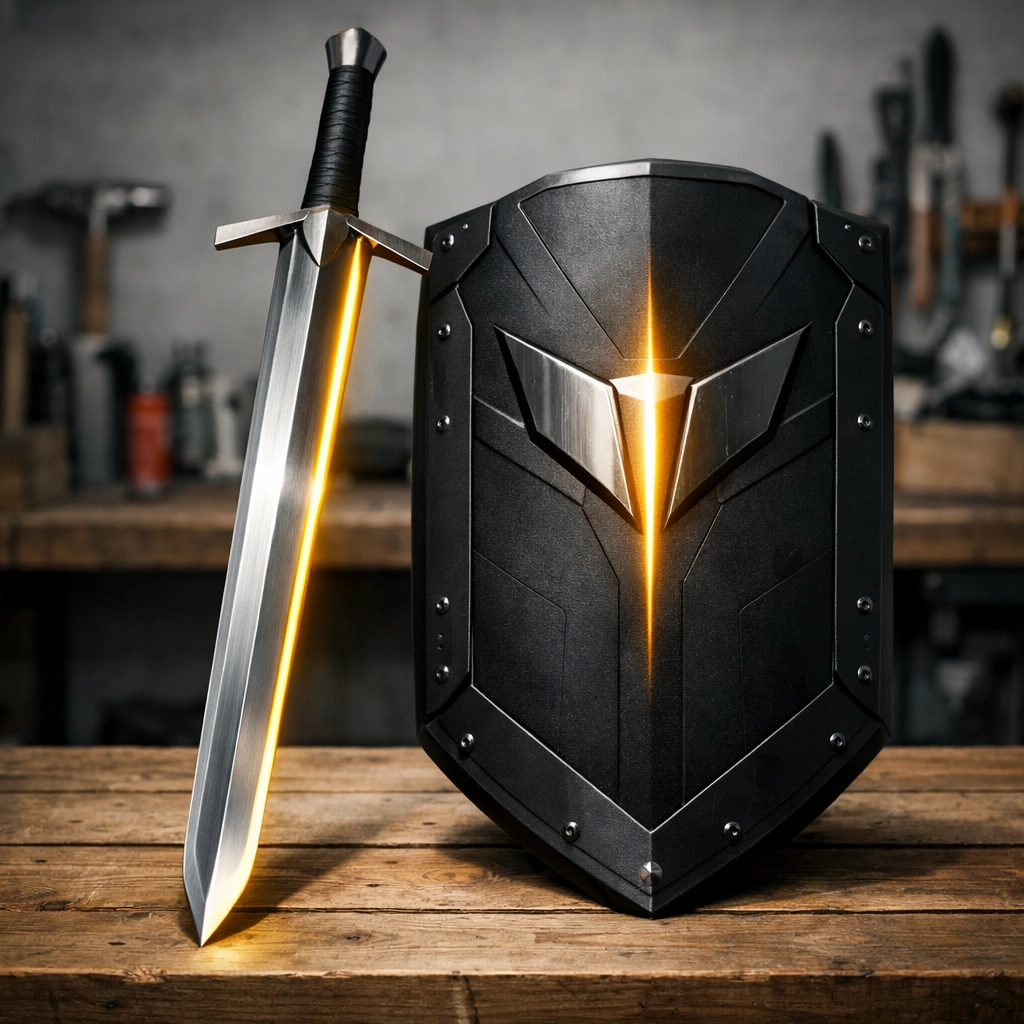 Steel sword and tactical shield on a workbench, symbolizing the balance of market growth and 0% floor protection.