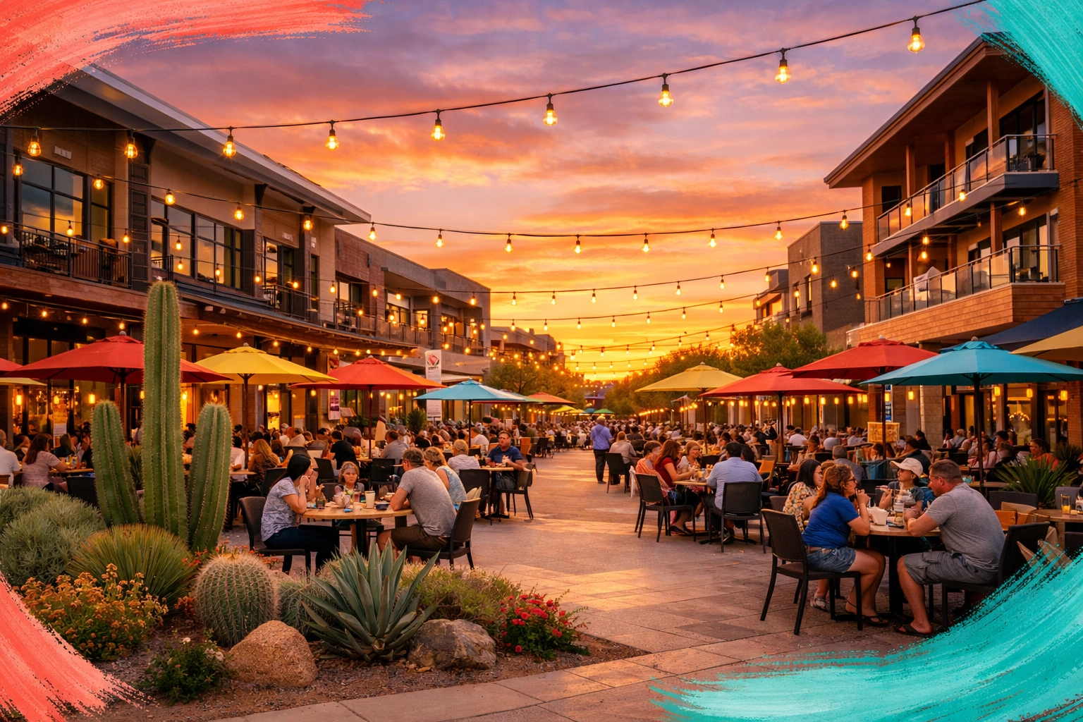 Outdoor dining plaza at Goodyear Square with families enjoying restaurants at sunset