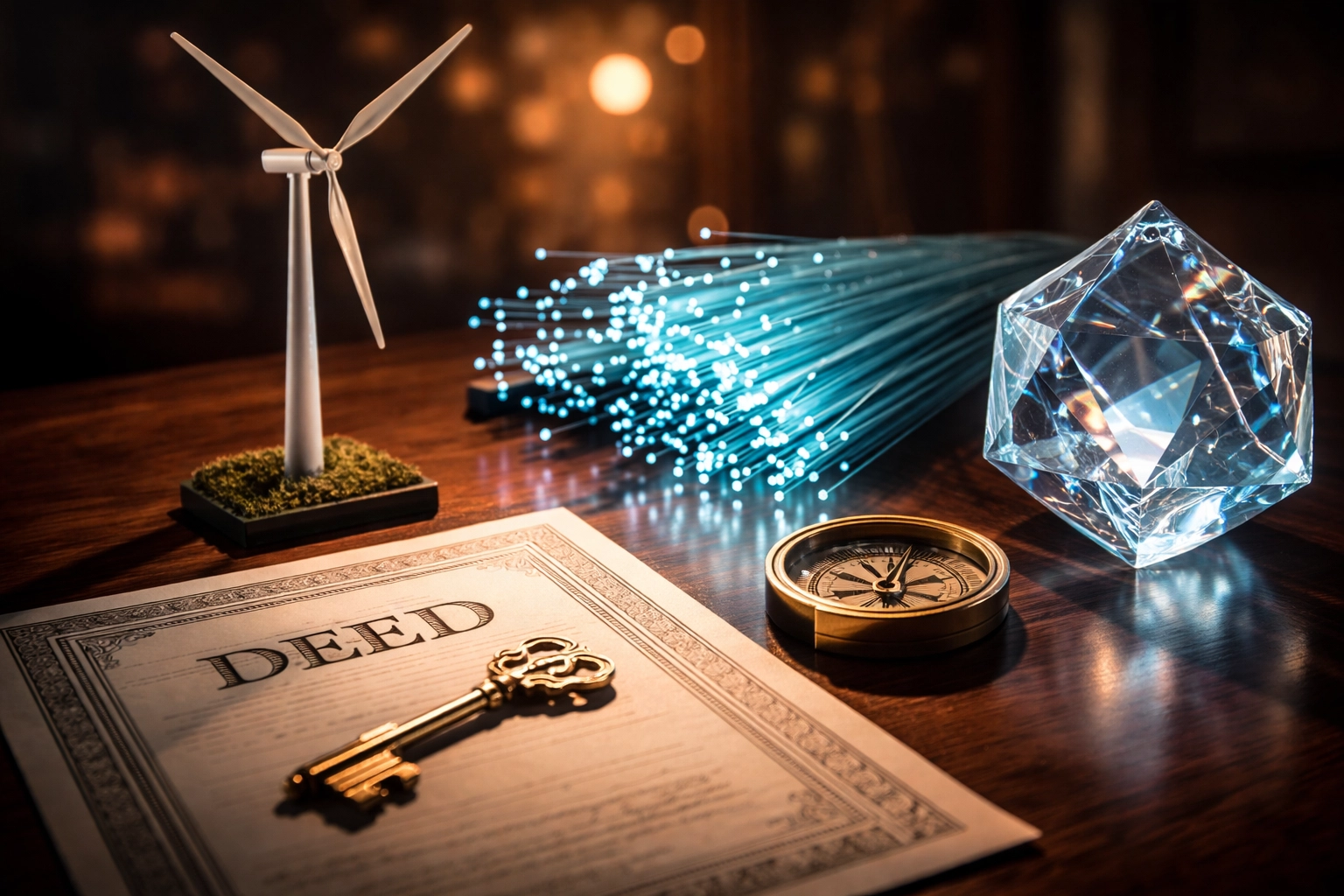 Diverse collection of physical alternative assets including real estate, renewable energy, and digital assets, emphasizing portfolio diversification.