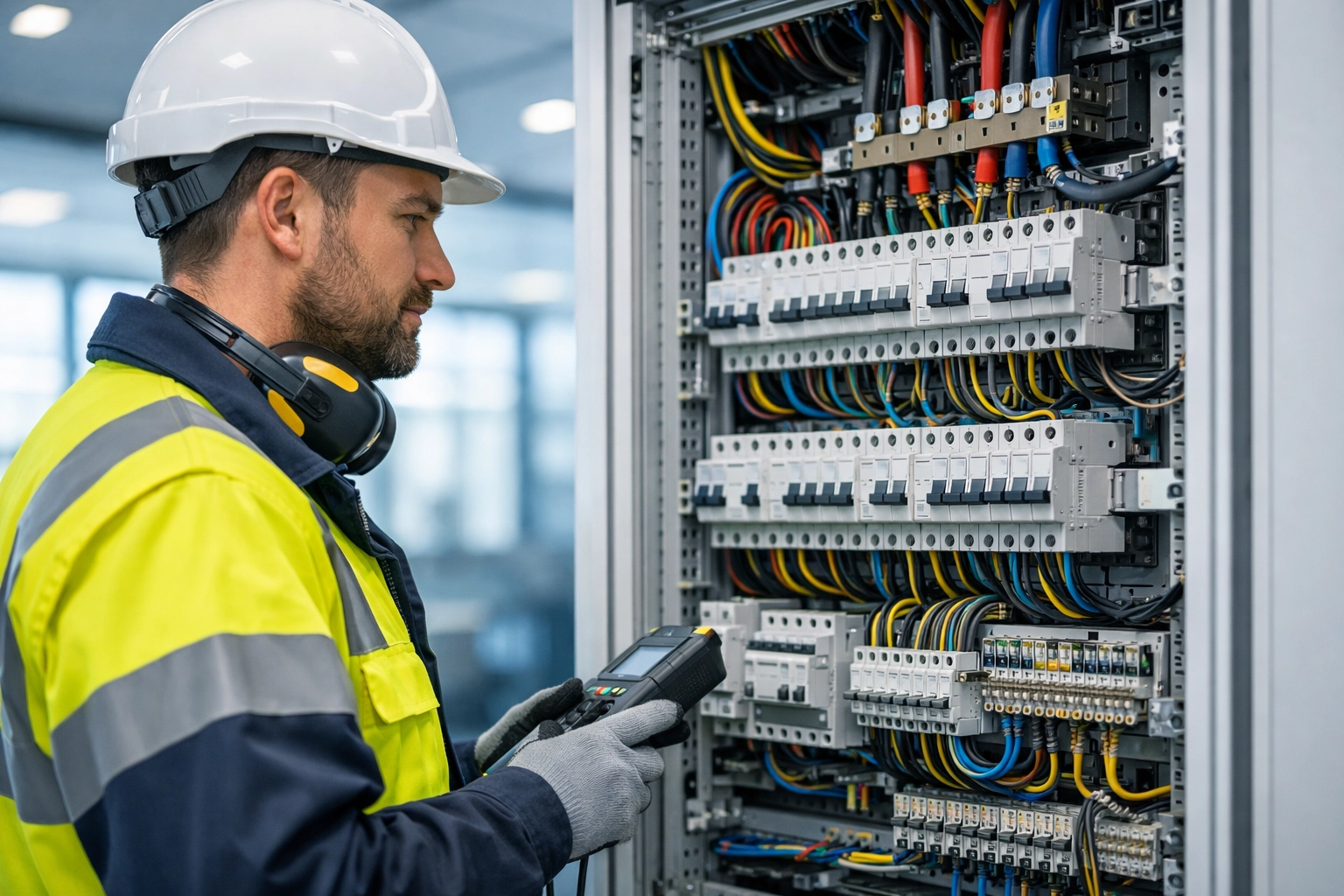 Professional electrician in Dorset inspecting a commercial electrical distribution panel for safety compliance.