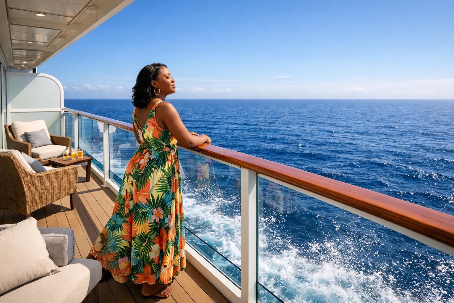 A traveler enjoys the ocean view from a luxury suite balcony, booked through exclusive luxury cruise deals.