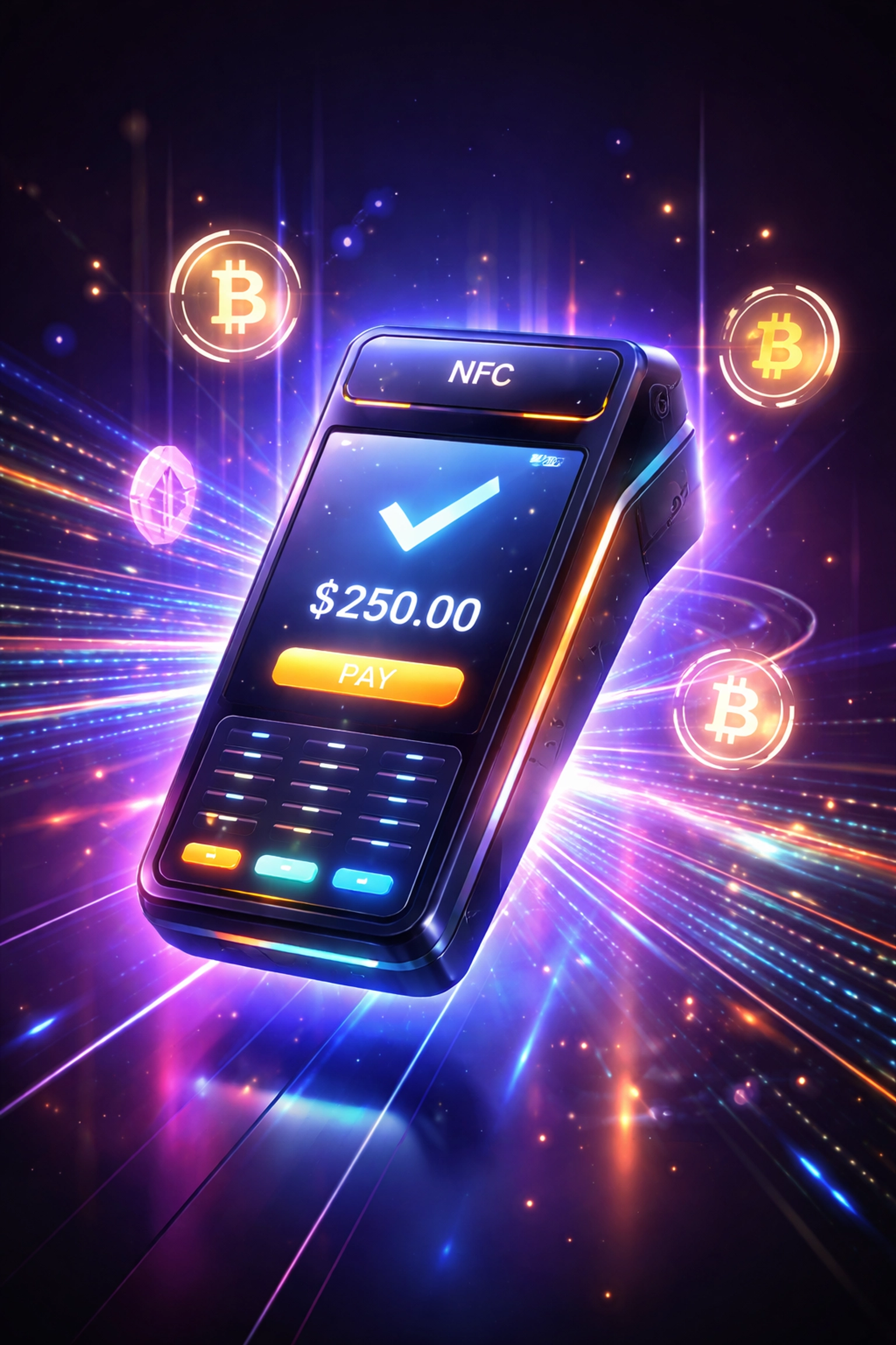Digital crypto payment terminal showcasing gas-only transfers for metaverse shopping fee savings