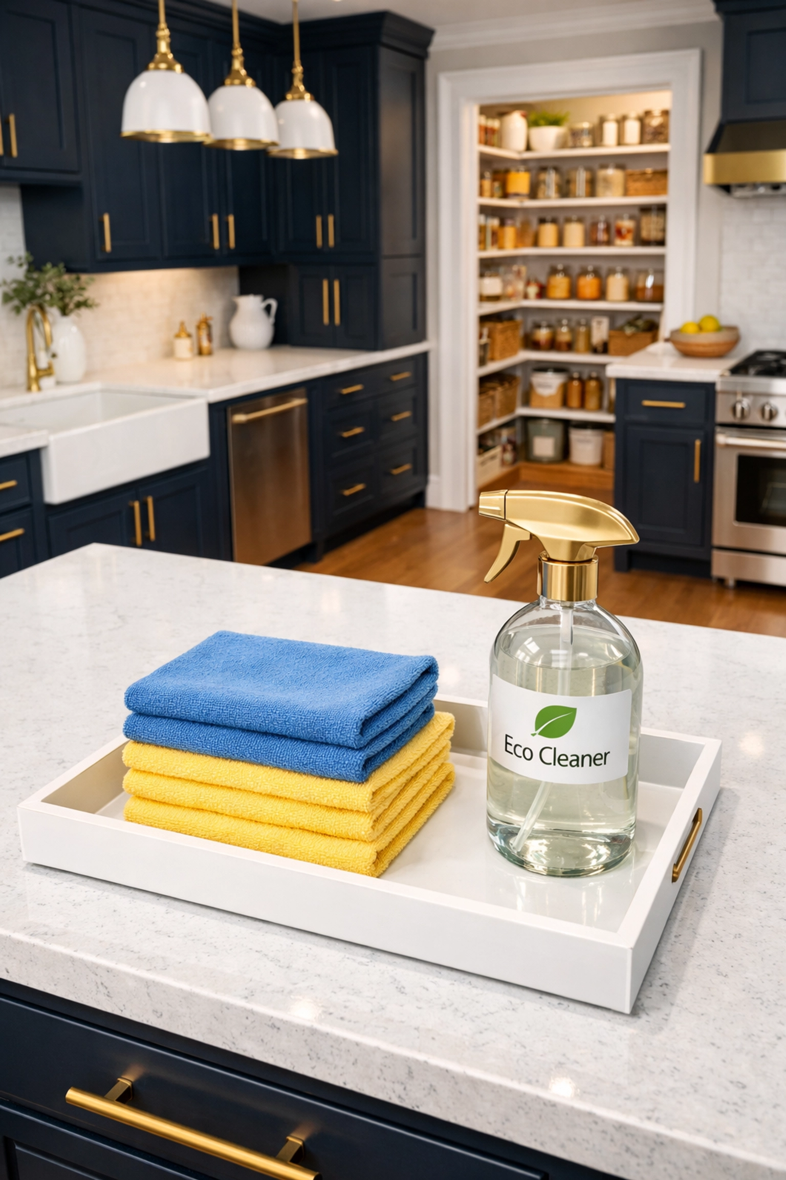 Eco-friendly cleaning supplies in a designer Weston kitchen maintained by professional cleaners.