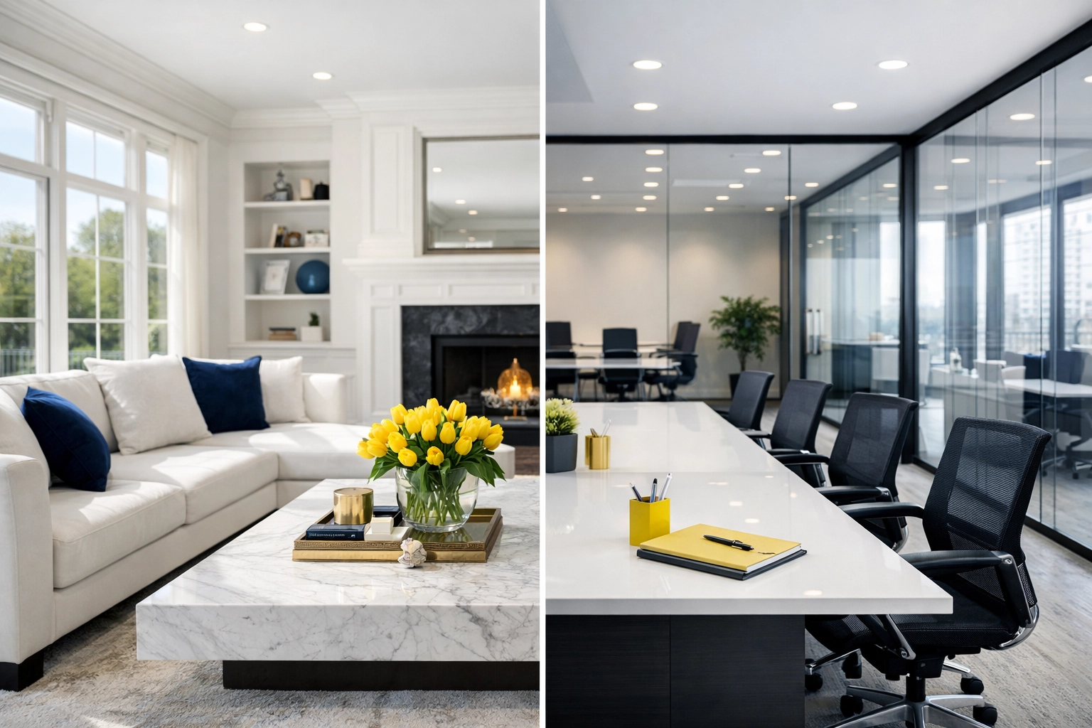 Residential and commercial cleaning services near me in a luxury home and modern office.