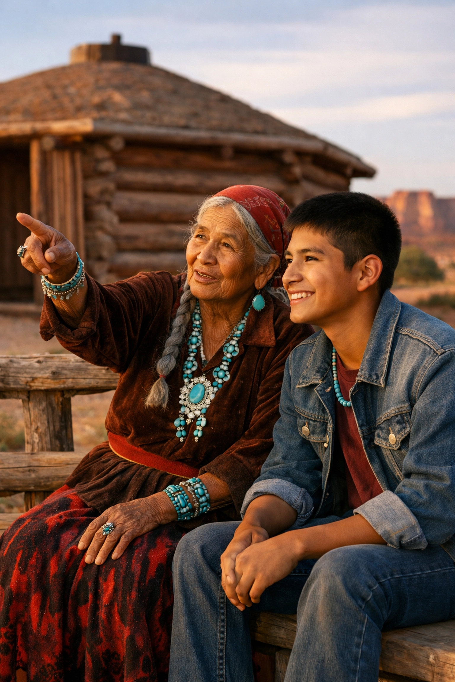 Student and Navajo elder connecting outside a traditional Hogan during a service-learning trip.