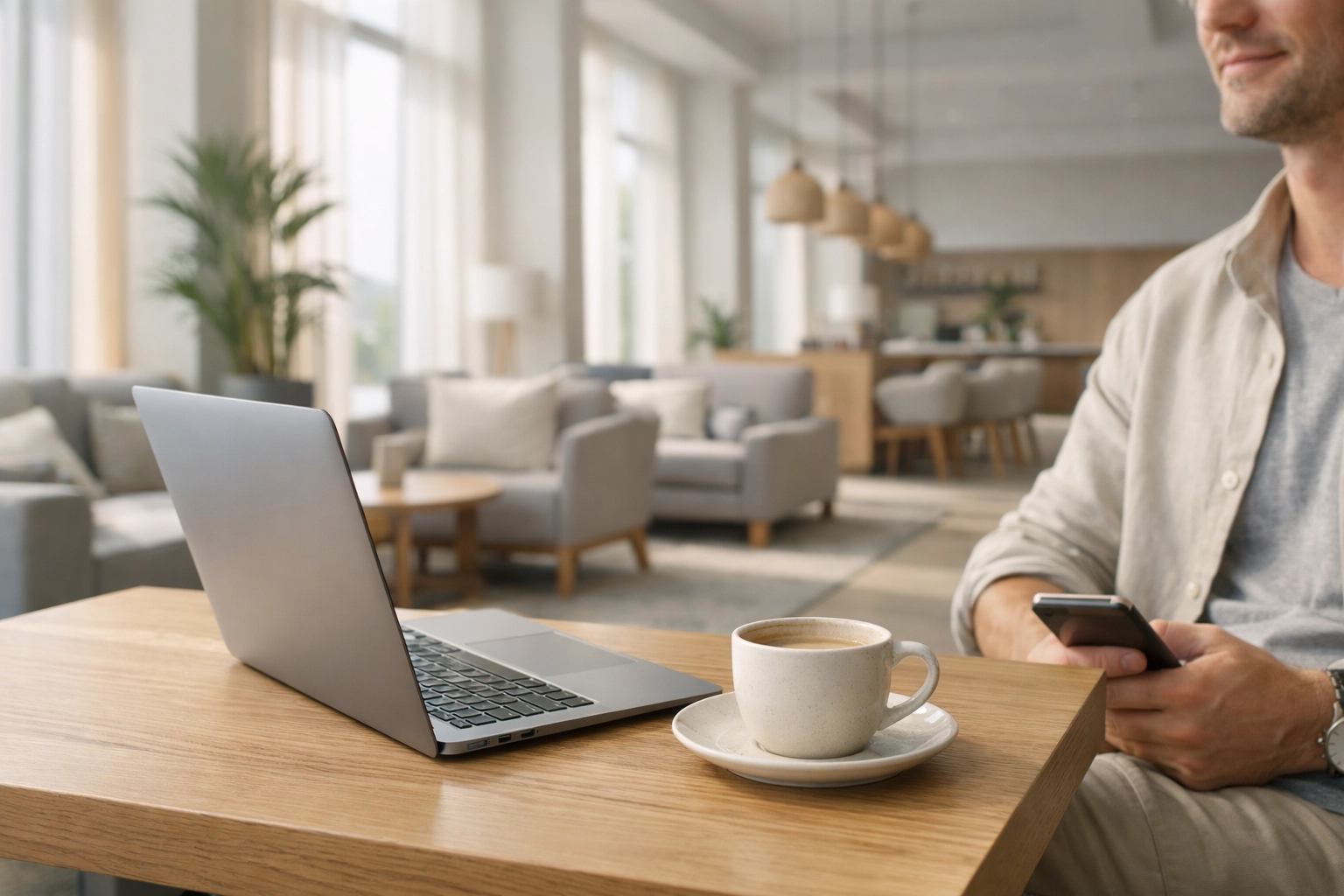 Hotel staff using a cloud-native PMS on a laptop in a modern, sun-drenched hotel lounge.