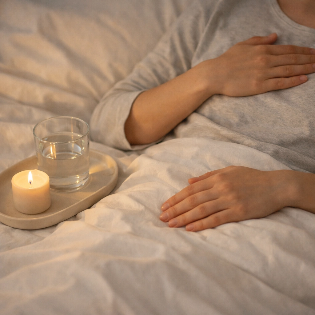 Bedside self-care ritual with a candle and water, focusing on mindfulness and body presence.