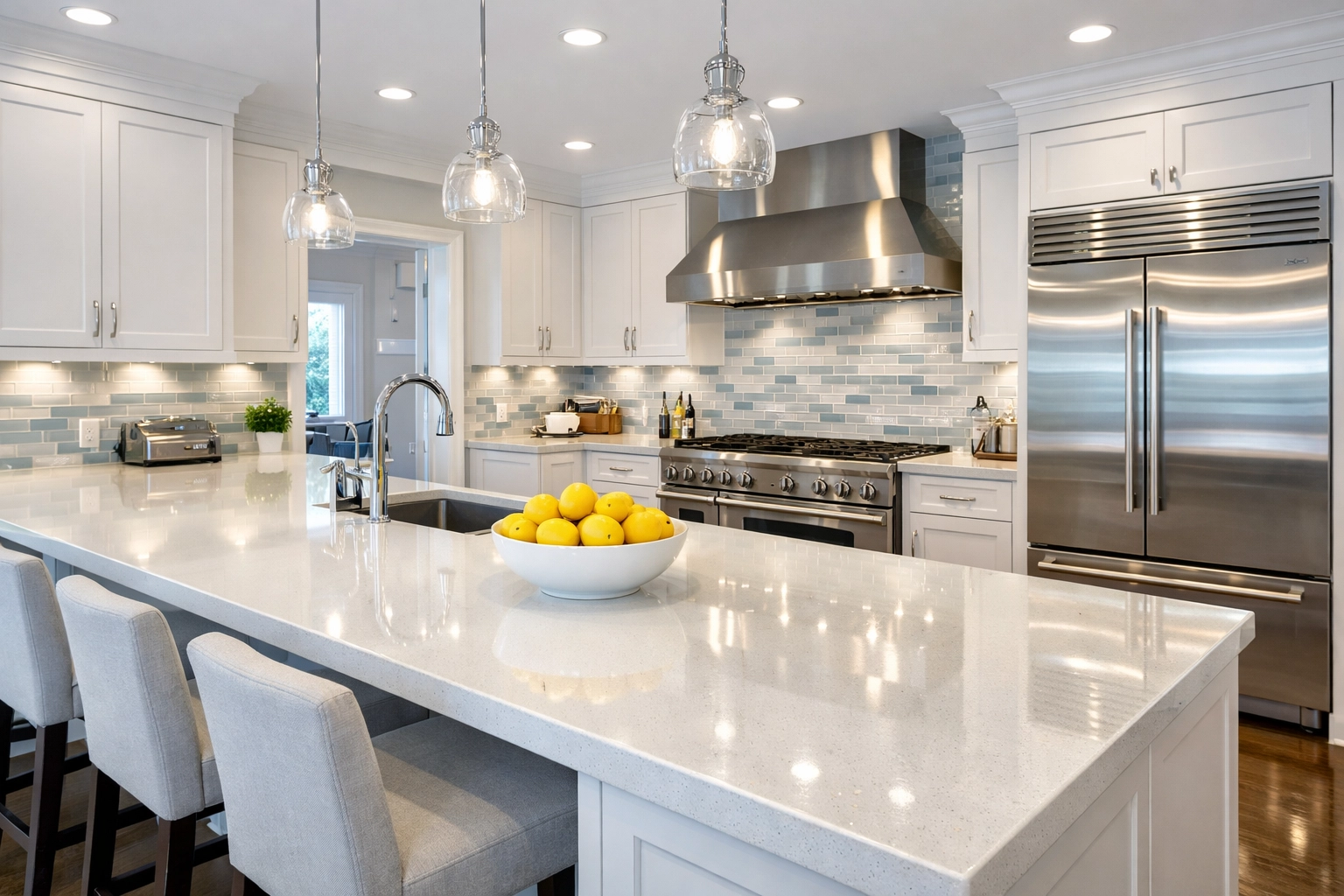 Spotless luxury kitchen in a Newton estate showing the results of professional cleaning services.