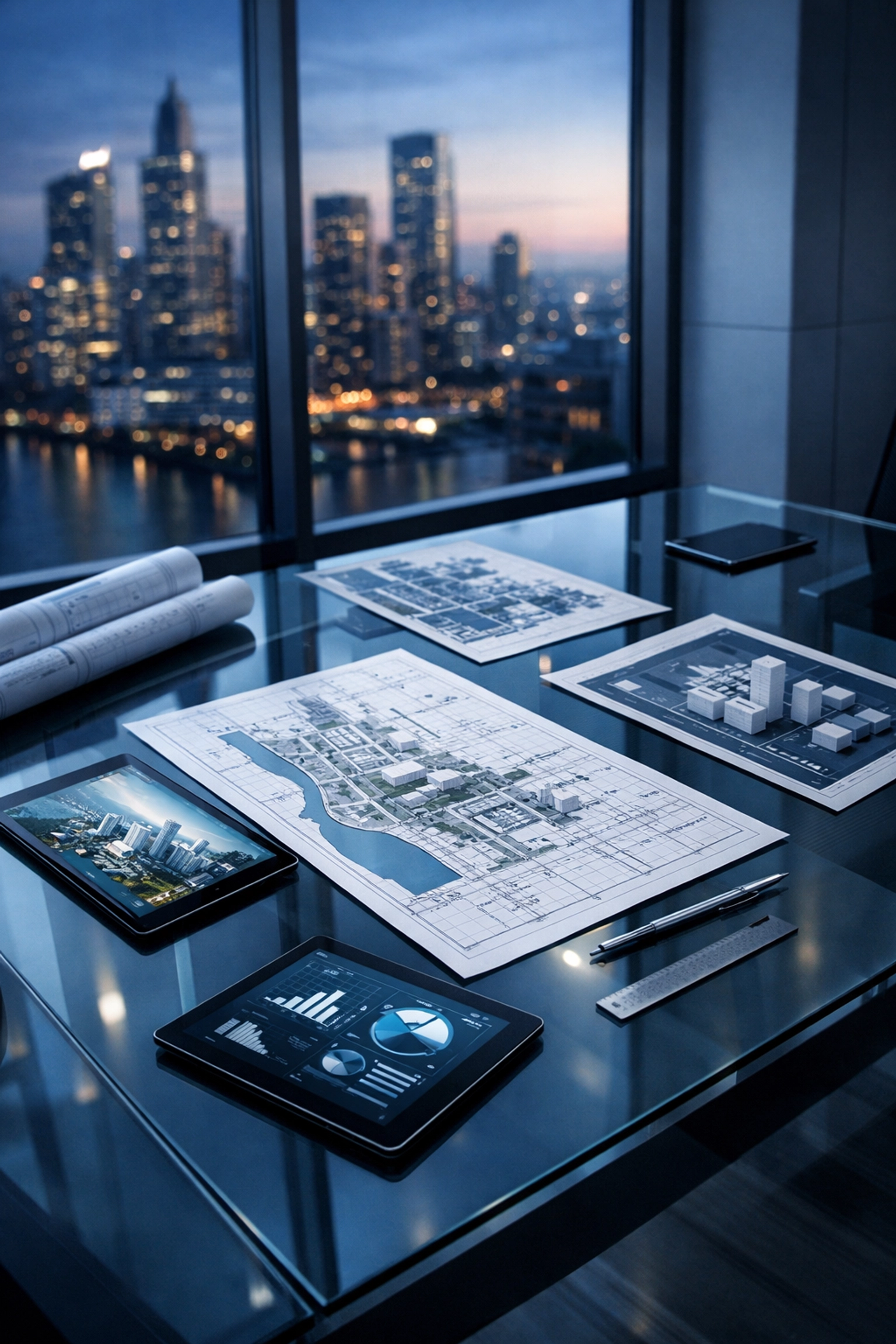 Modern urban planning office with blueprints and tablets for disaster preparedness training.