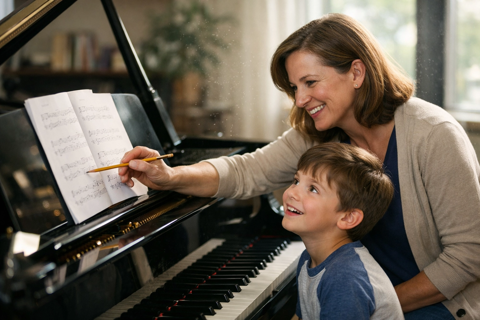 A professional piano teacher explaining sheet music to a student during in-person piano lessons.