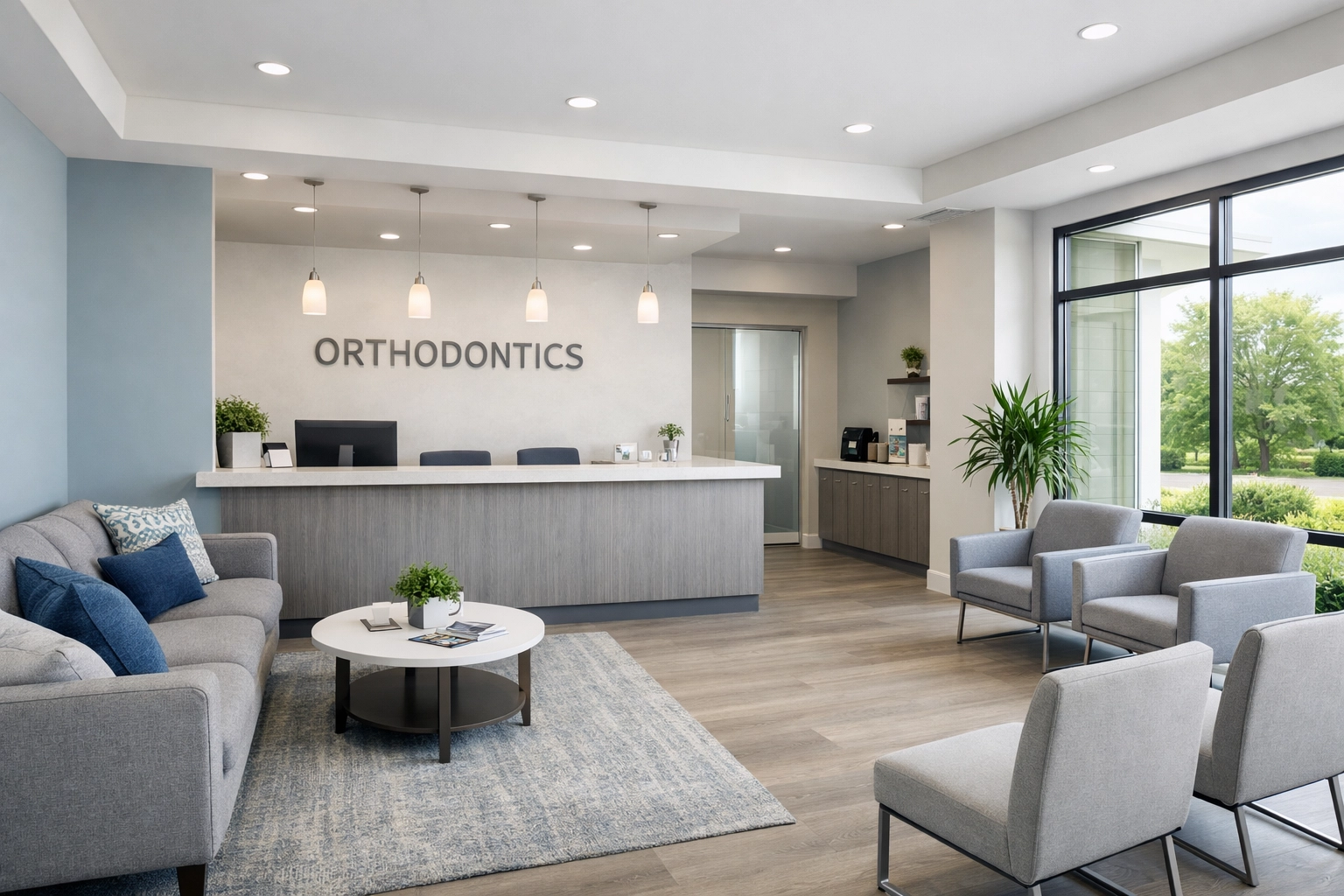 Modern orthodontic office reception area with comfortable seating and natural light