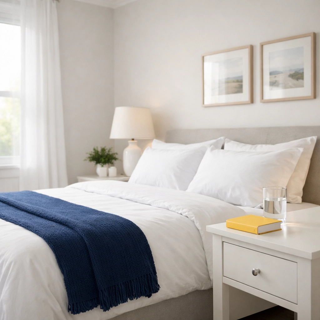 Clutter-free master bedroom in Westford illustrating the mental health benefits of weekly house cleaning.