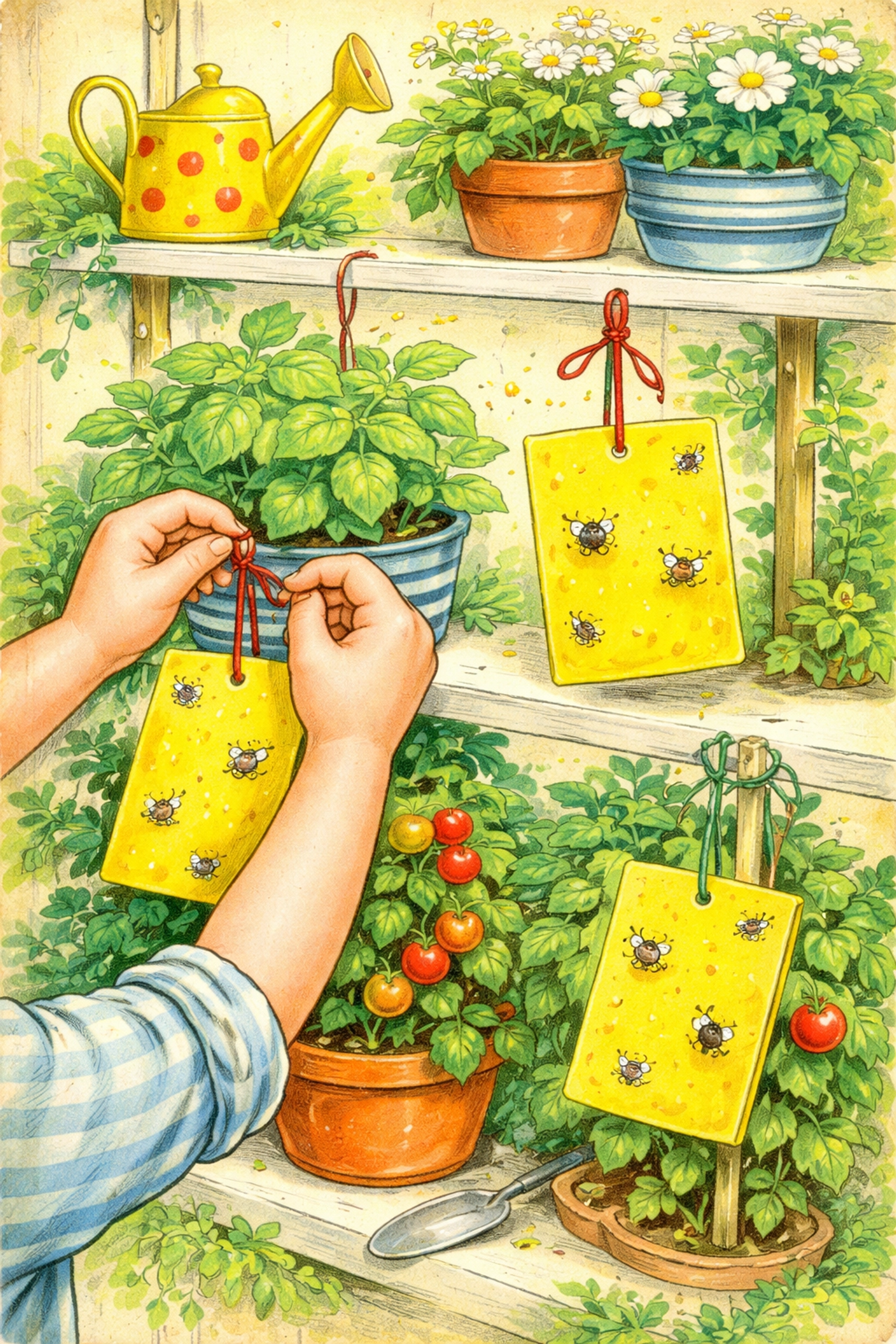 Child hanging homemade yellow sticky traps near indoor garden plants to catch flying pests naturally