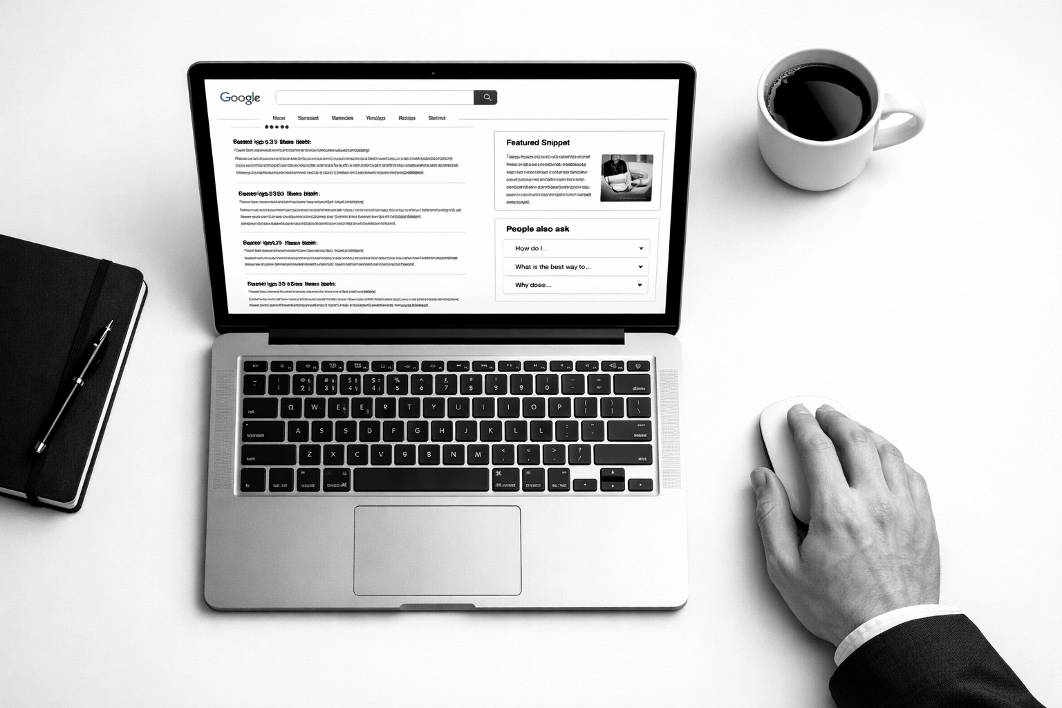 Laptop screen showing Google search results with zero-click featured snippets and answer boxes