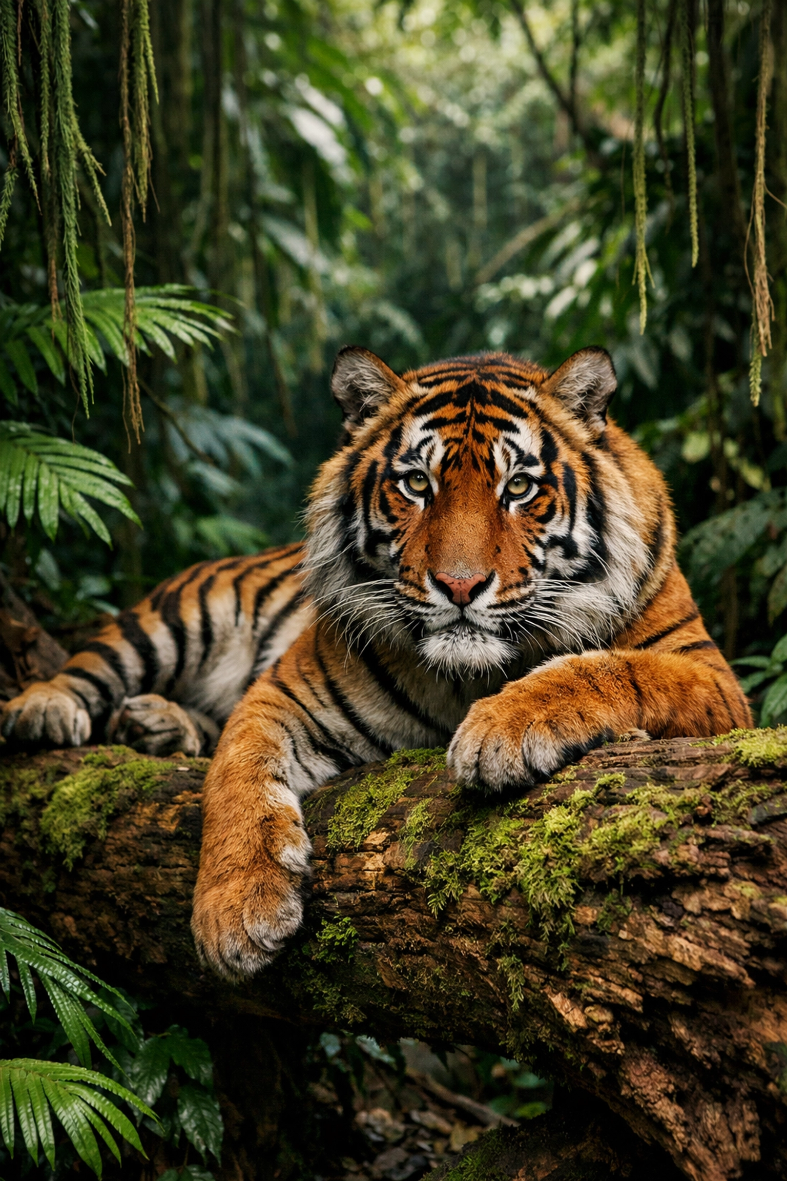 Critically endangered Sumatran tiger resting in Indonesian rainforest ecosystem