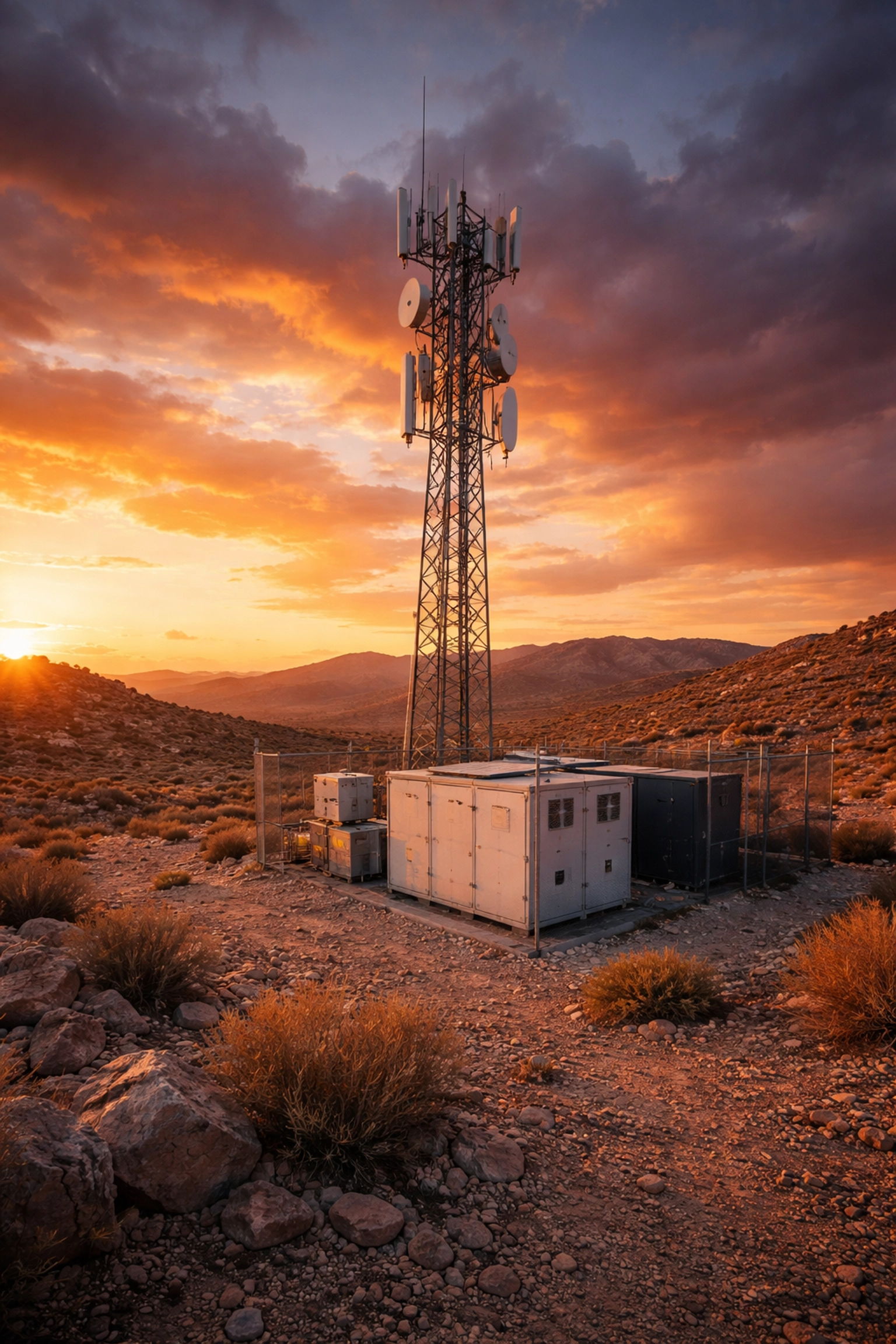 Remote telecommunications tower in a harsh desert, showing rugged power protection with dependable battery backup