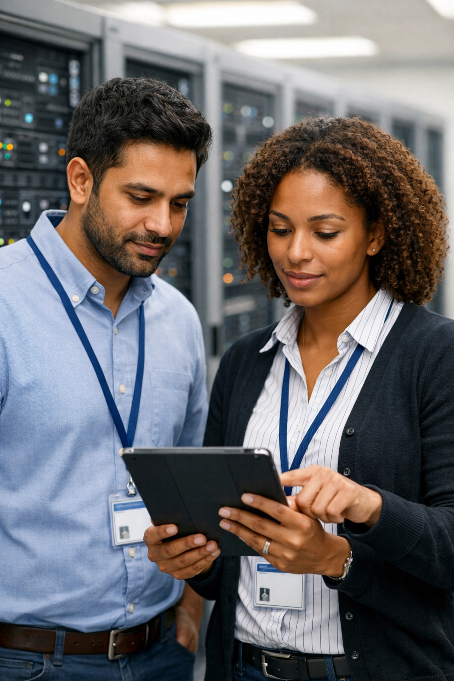 IT specialists utilizing ServiceNow ITOM consulting services for accurate service mapping in a data center.