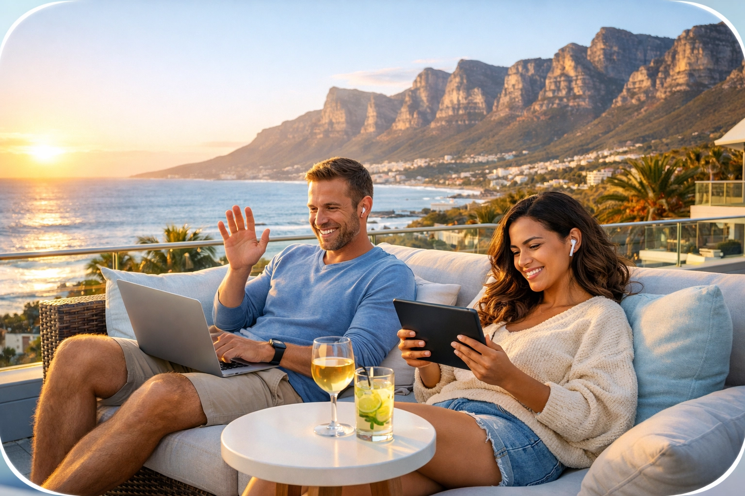 Couple enjoying reliable WiFi connection on outdoor patio with Camps Bay ocean views