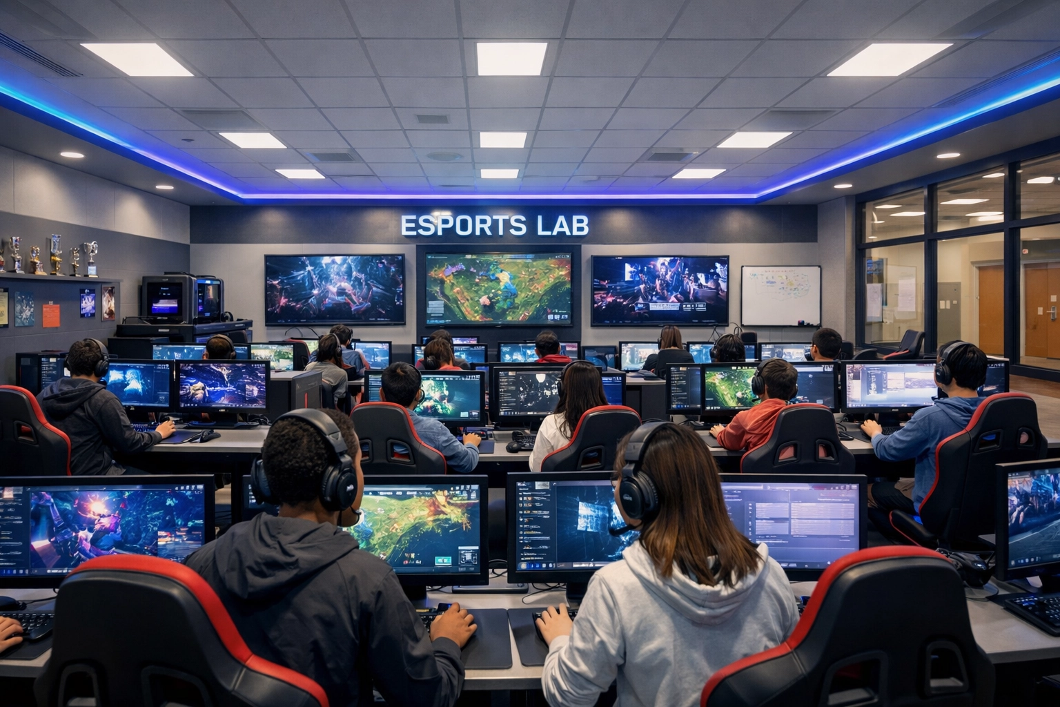 High school students using professional esports gaming pods as educational tools in a modern lab.